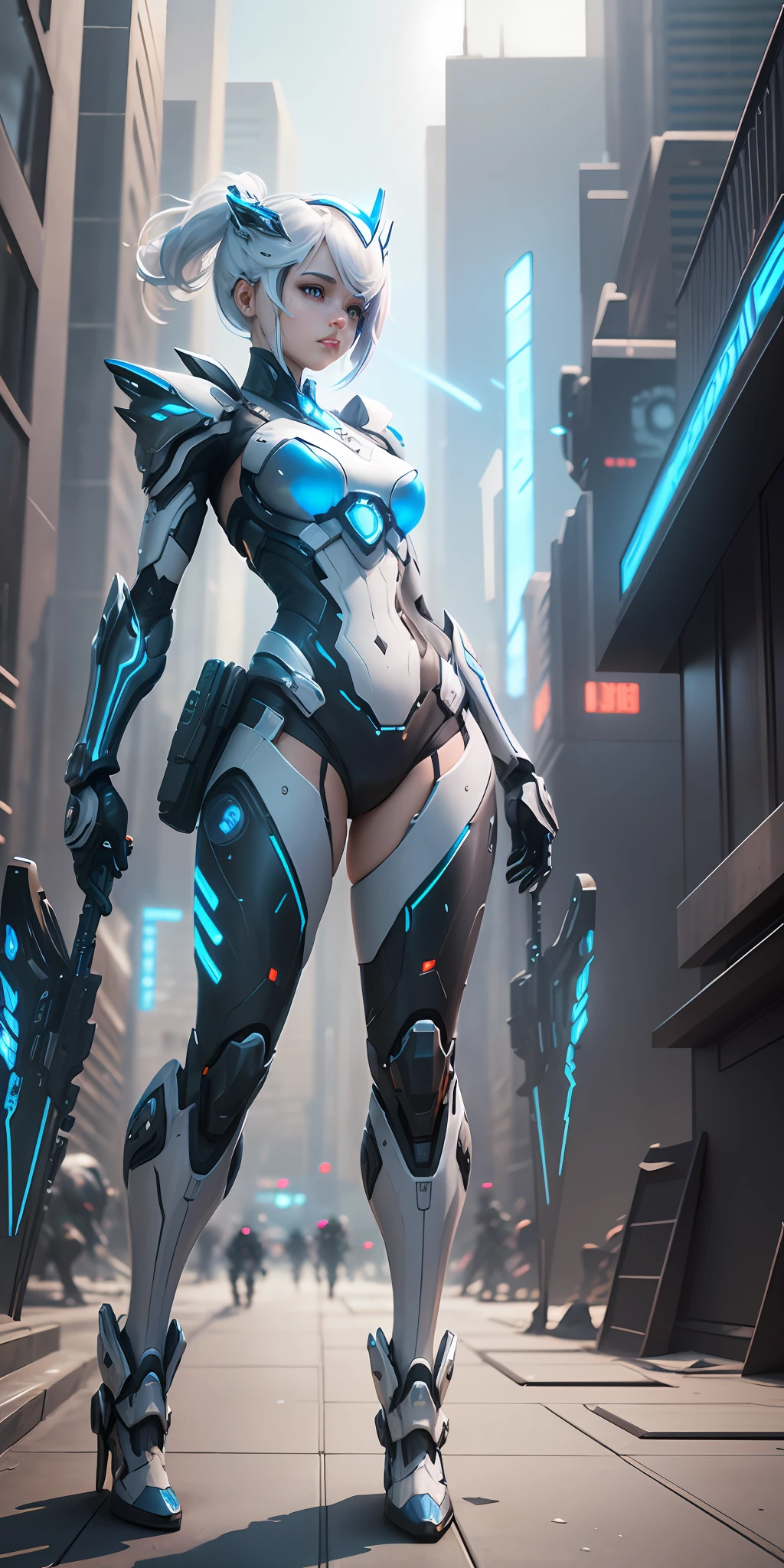 Complex 3d rendering very detailed beautiful ceramic silhouette female robot full body, holding weapons, robots, robot parts, highlighting mechanical world, wide angle lens, cyberpunk art style, royal sister, dynamic eyes, sad eyes, mechanical arm, battleship far, sci-fi, sky lightning and thunder, mechanical warframe detailed portrayal, cyberpunk style city, delicate girl face meticulously portrayed face, flowing long hair fluttering in the air, white warframe, blue light effect, futuristic battlefield, Mars ground, mecha tank, sci-fi sense --auto --s2
