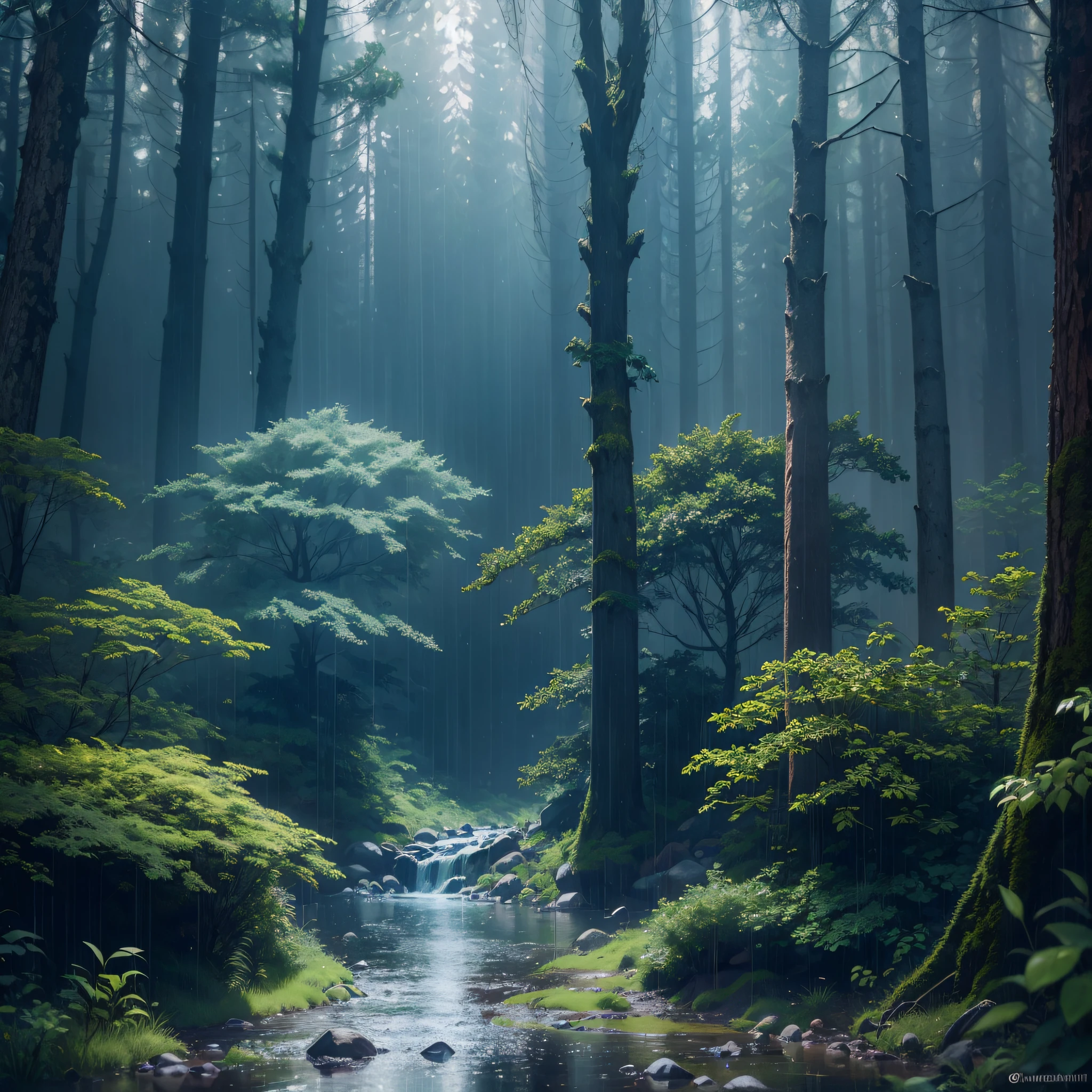 Dense forest in torrential rain at night, raindrops pouring from trees, distant thunder rumbling, masterpiece, best quality, high quality, extremely detailed CG unity 8k wallpaper, oil painting, award winning photography, bokeh, depth of field, HDR, bloom, chromatic aberration, photorealism, very detailed, trending on artstation, trending on CGsociety, intricate, high detail, dramatic, midjourney art (volumetric lighting: 1.2) --auto --s2