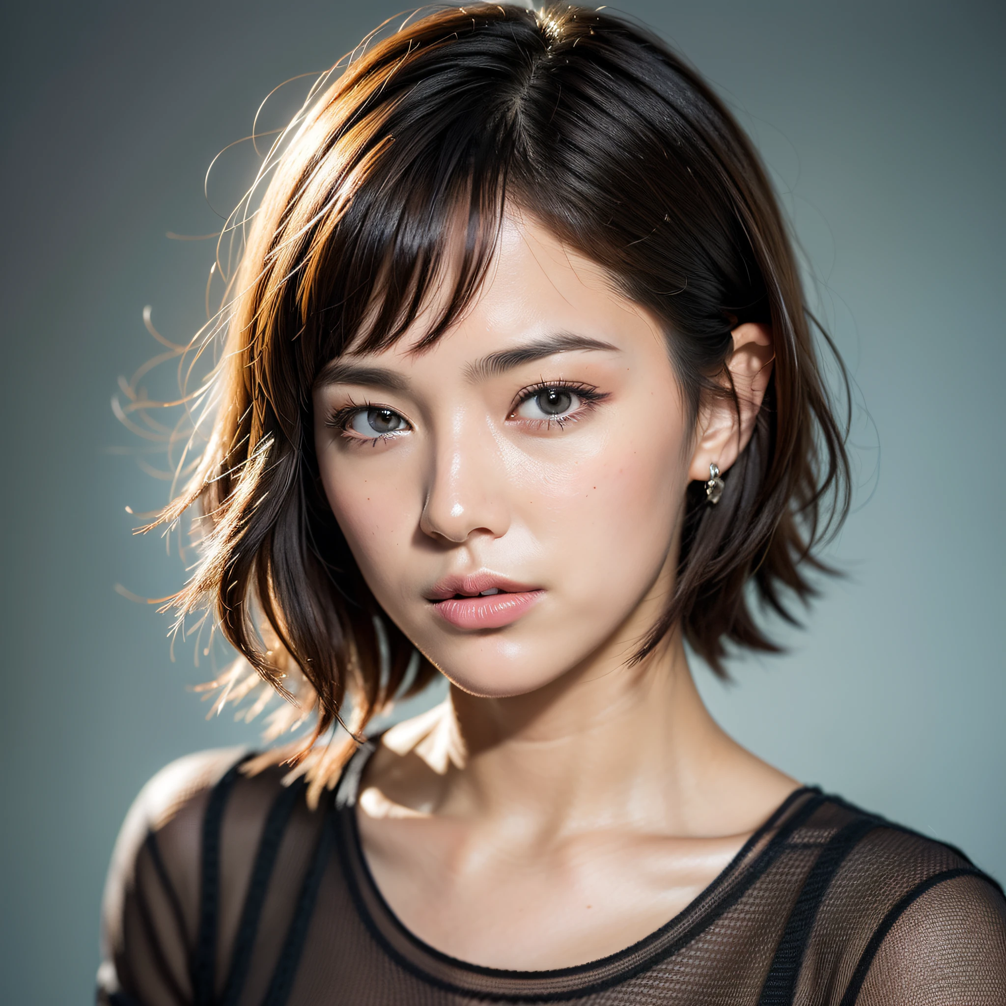 Dressed, (Photoreal: 1.4), (Hyperrealistic: 1.4), (Realistic: 1.3), (Smooth Lighting: 1.05), (Improved Cinematic Lighting: 0.9), 32K, 1 Girl, 20 Year Old Girl, Realistic Lighting, Backlit, Face Lights, Ray Tracking, (Bright Light: 1.2), (Quality Improvement: 1.4), ( Top quality realistic textured skin: 1.4), Fine Detailed Eyes, Detailed Face, Fine Quality Eyes, (Tired, Sleepy and Satisfied: 0.0), Face Close-up, T-Shirt, (Enhance Body Line Vibe: 1.1), (Enhance Skin Texture Beauty: 1.1), Short Bob Cut