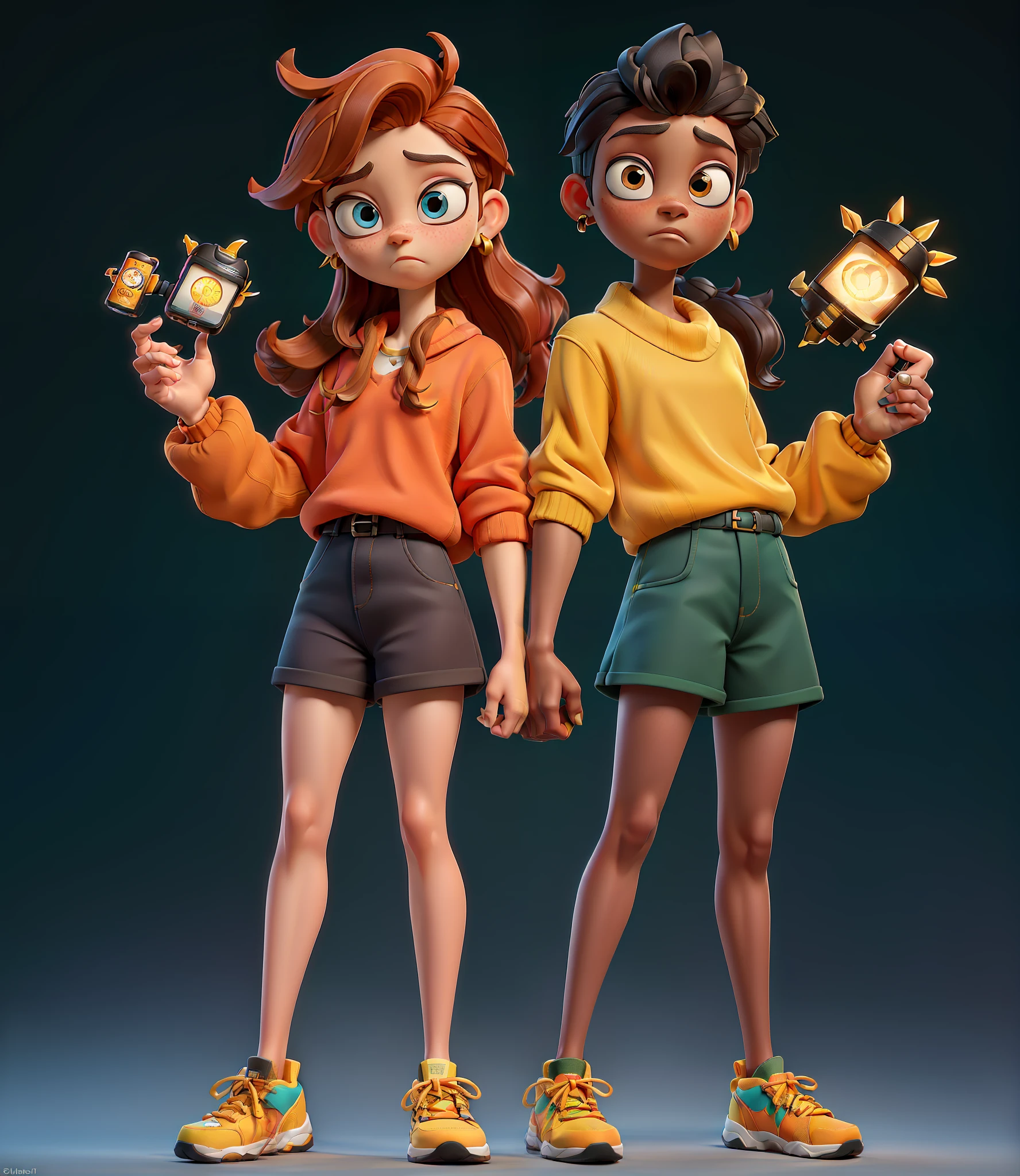 ((masterpiece, best quality)), (complex light), a girl with a boy, girl with a red phone, boy with a black phone, full body, solo, child, sherman, girl in a pale yellow sweater, short skirt, coffee-colored hair, boy in a green sweater, shorts, sneakers, black shorts, classroom