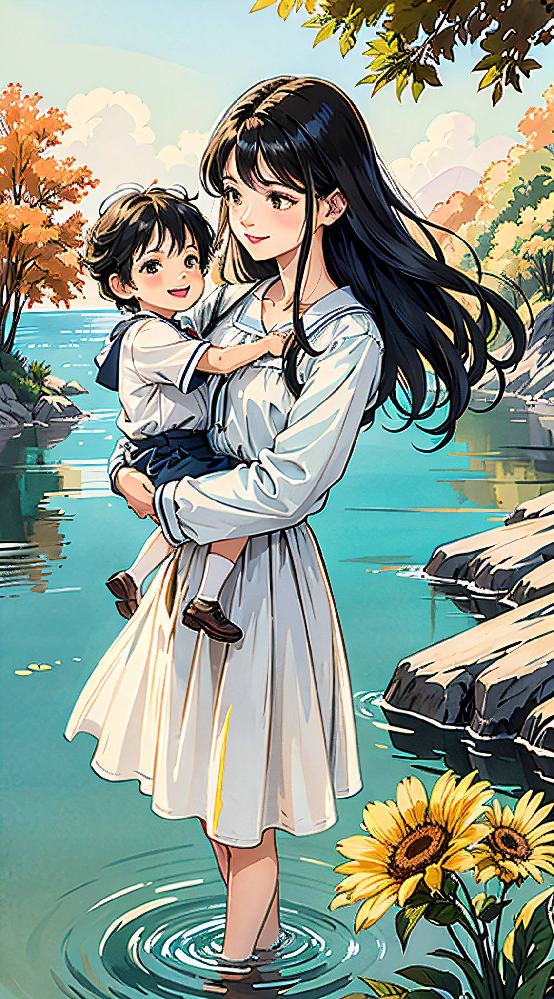 Middle-aged woman, child playing by the lake, hair pulling, sun, meadow, woman next to child, smiling, looking at her child, beautiful and delicate eyes, shiny hair, visible through hair, black hair, brown eyes, women, family wear, sun reflected light, silver metal, brilliance, Soviet style, diffuse reflection, metallic texture, sea of stars, high-profile, imposing