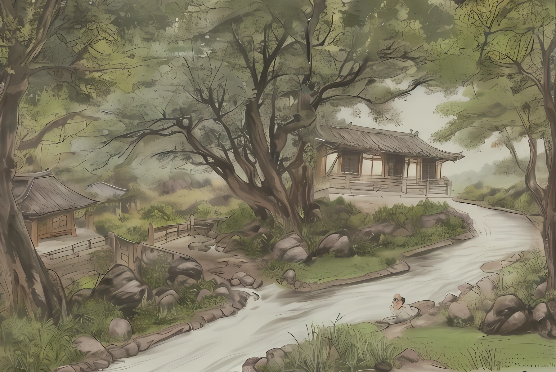 A thousand years ago in China, an uncle is busy stir-frying in front of his house, behind a stone hut, next to a stream, and a few ginkgo trees, the style is similar to Qingming Shanghetu, clay material, C4D, OC rendering
