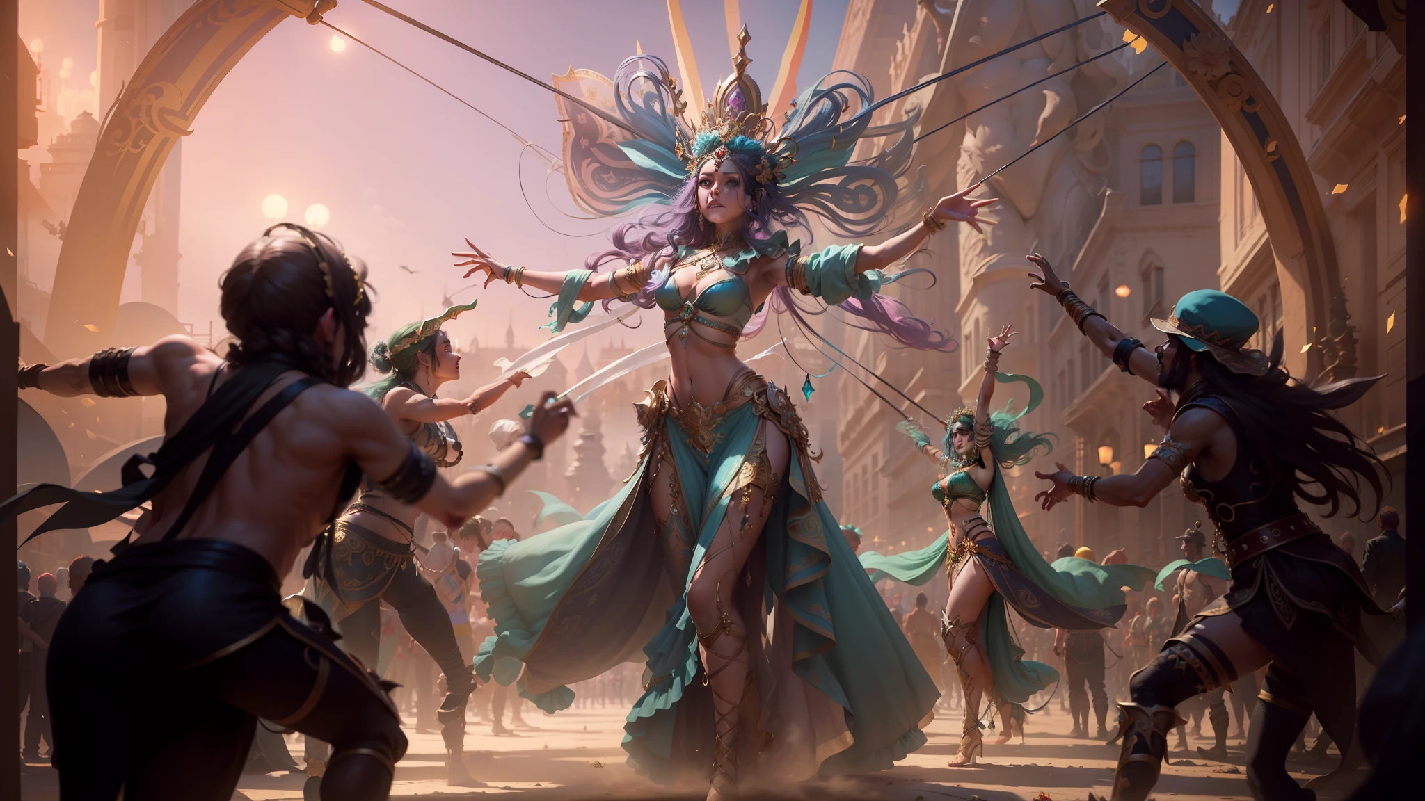 there are many people in costumes dancing in a parade, detailed 4k concept art, shiva, rave girl, the empress’ swirling gardens, environmental key art, dancer, fantasypunk, the artist has used bright, female character, promotional render, the goddess of love --auto --s2