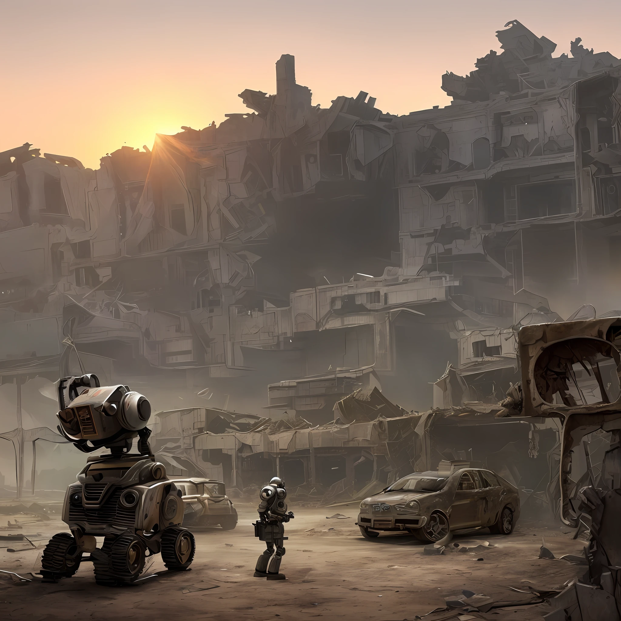 Masterpiece, best quality, (8k very detailed CG unit wallpaper) (best quality), (best illustration), (best shadows), Ultra realistic, high definition, very detailed, a lonely rustic robot standing before a ruined car in a ruined city, sunset, cloudy sky, future world, high ceiling building in the far background, the robot is looking at the viewer, very detailed robot, robot in the style of starwar