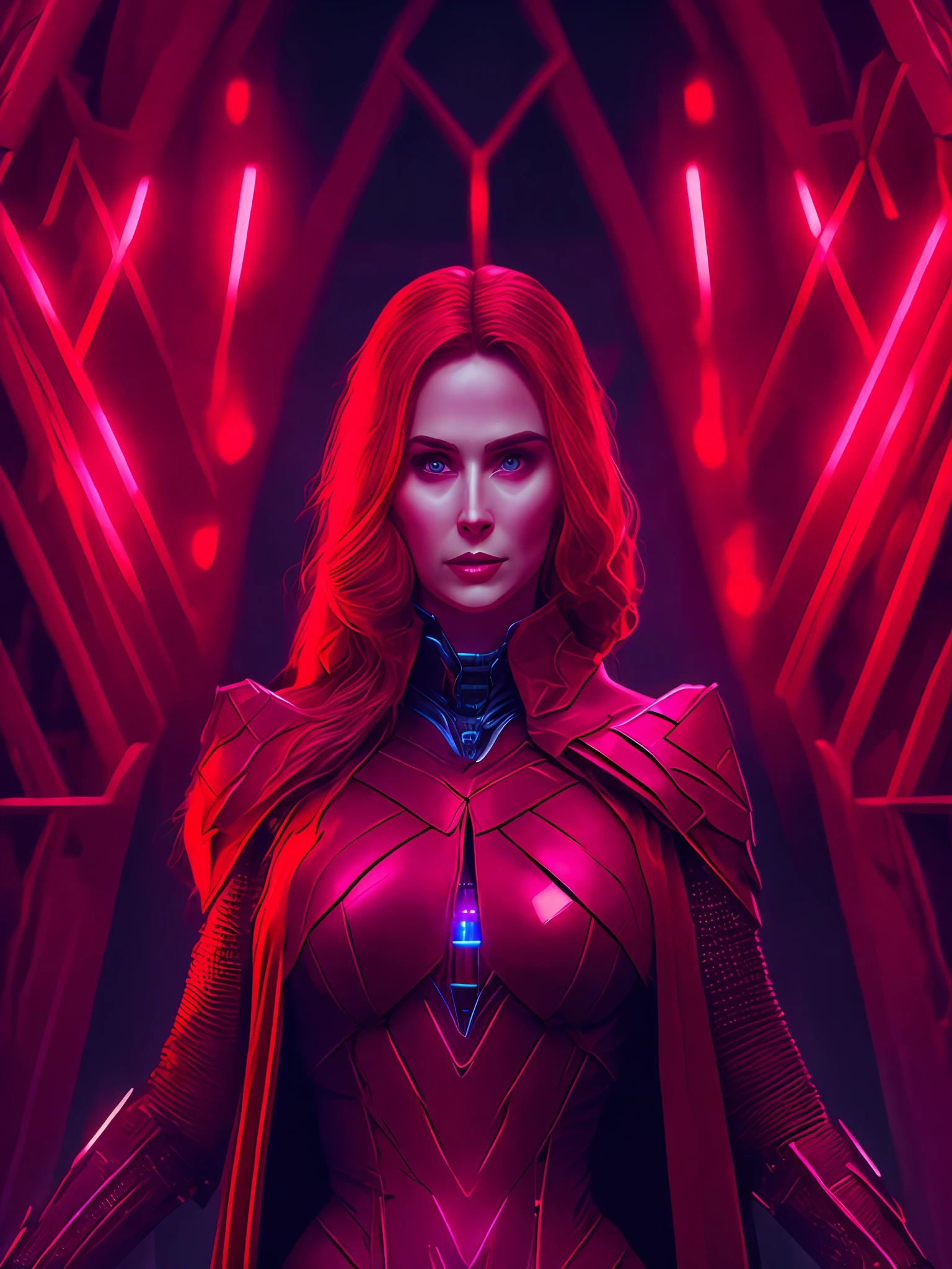 dark portrait of Scarlet Witch from Marvel Comics, big breasts, with intricate angular cybernetic implants inside a brutalist building, gothic brutalist cathedral, cyberpunk, award-winning photo, bokeh, neon lights, cybernetic limb