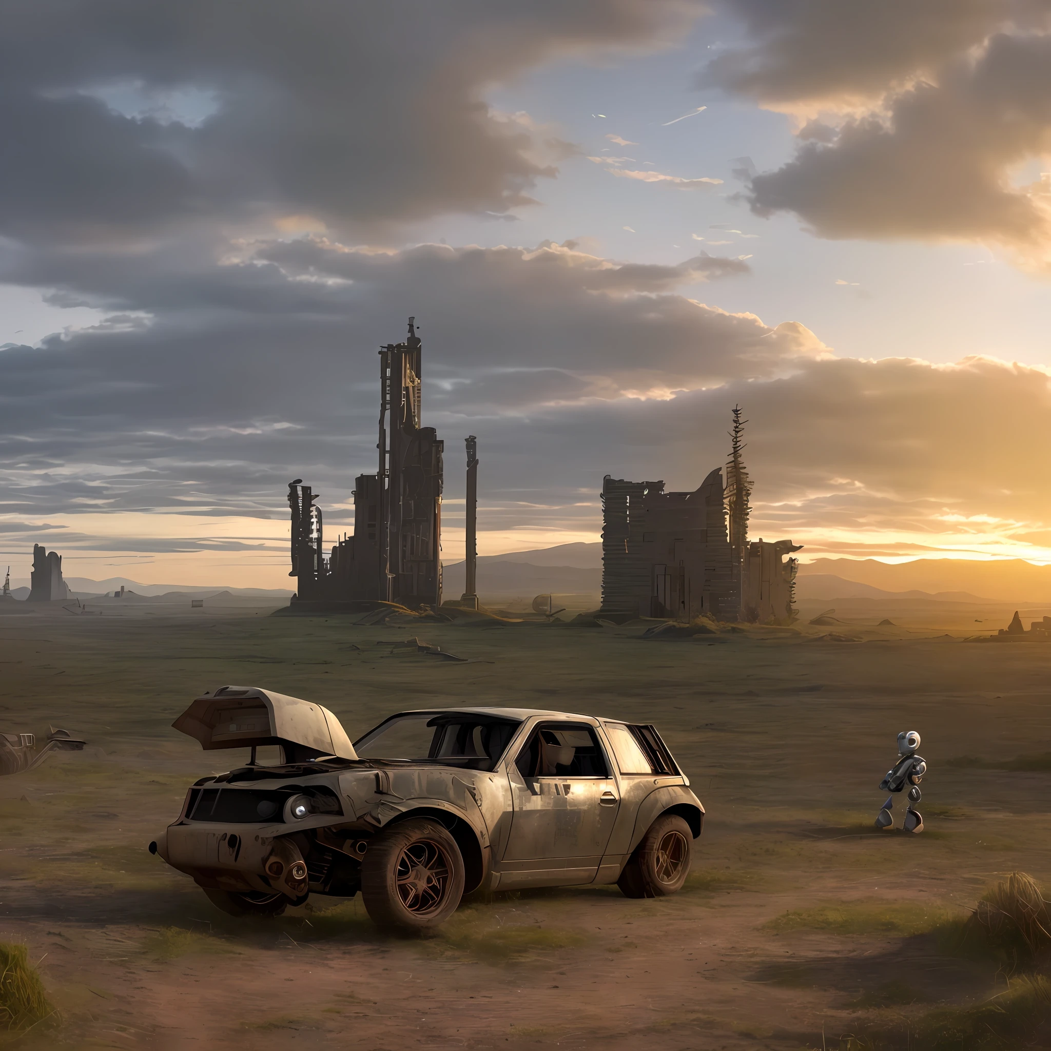 Masterpiece, best quality, (8k very detailed CG unit wallpaper) (best quality), (best illustration), (best shadows), Ultra realistic, high definition, very detailed, a lonely rustic robot standing before a ruined car in a ruined city, sunset, cloudy sky, future world, high ceiling building in the far background, the robot is looking at the viewer, very detailed robot, robot in the style of starwar