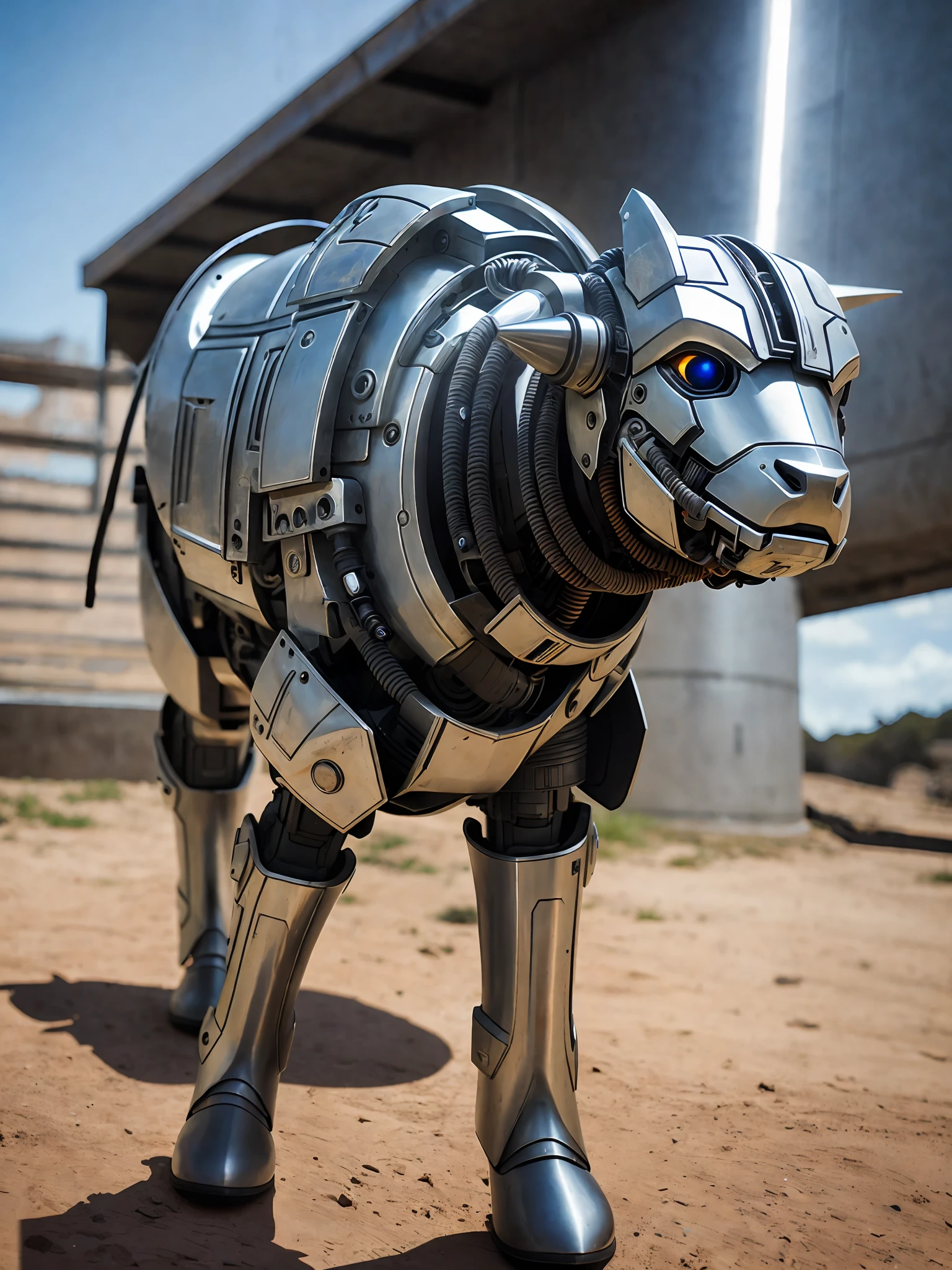 A cute calf in metal armor, (cyborg: 1.1), ([tail | detailed wire]:1.3), (complex detail), hdr, (hyperdetailed: 1.2), cinematic shot, vignette, centered