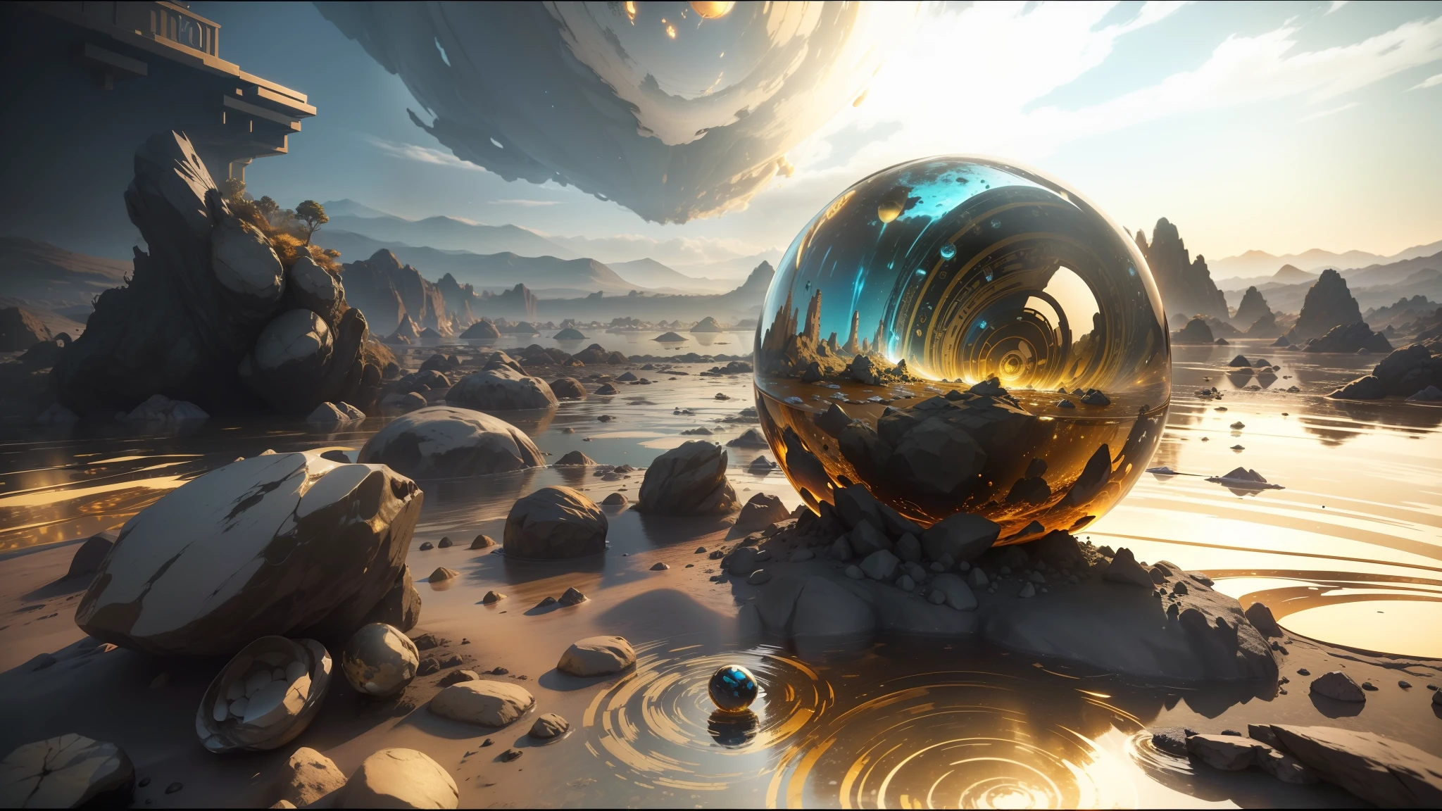 there is a glass ball that is sitting on a rock, mandelbulb 3d, liquid golden and black fluid, cinematic cgsociety, aura, anamorphic widescreen, from a 2 0 1 9 sci fi 8 k movie, wlop and andrei riabovitchev, precious metals, by Stanley Twardowicz, golden dawn, atoms --auto --s2
