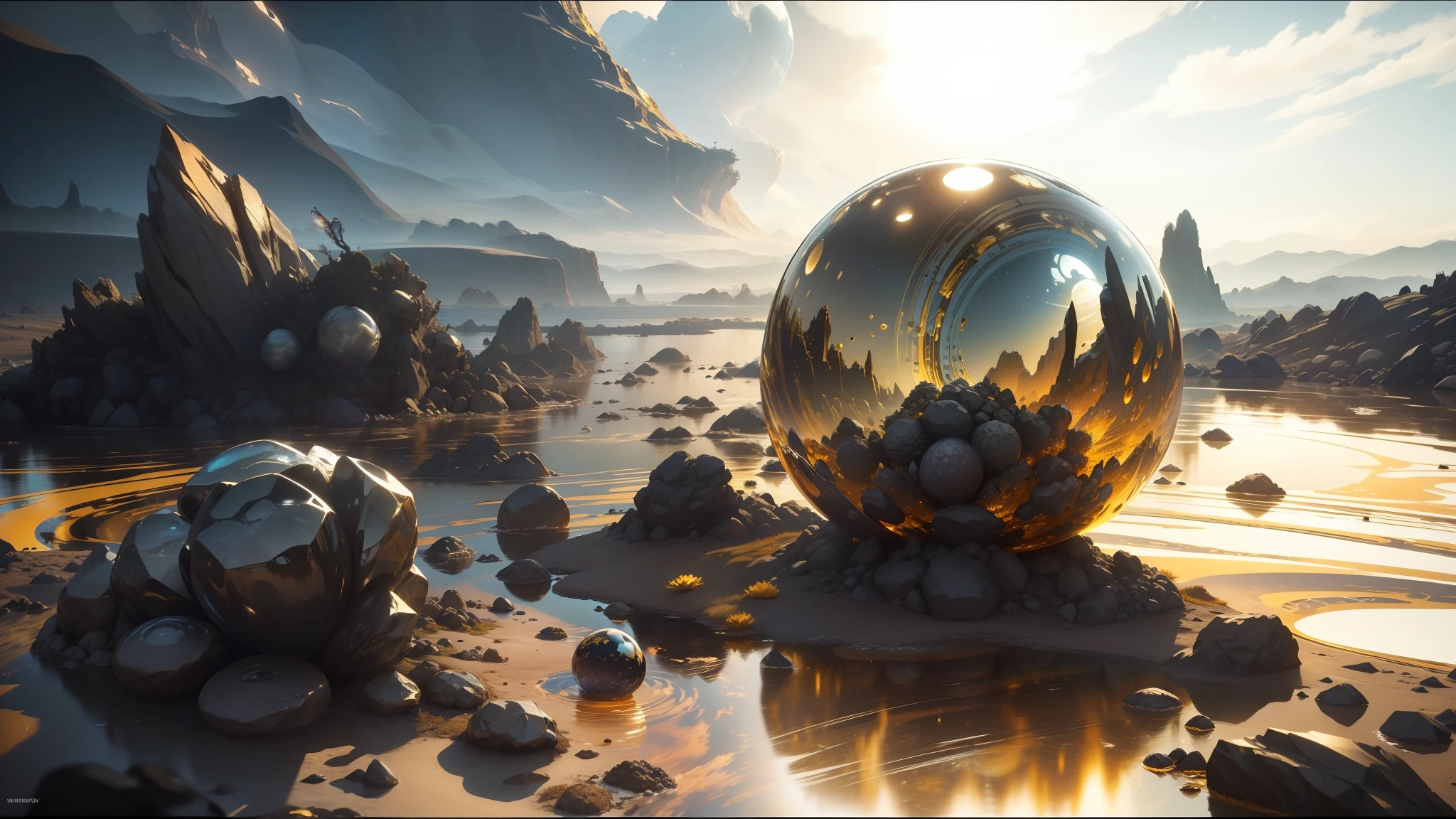 there is a glass ball that is sitting on a rock, mandelbulb 3d, liquid golden and black fluid, cinematic cgsociety, aura, anamorphic widescreen, from a 2 0 1 9 sci fi 8 k movie, wlop and andrei riabovitchev, precious metals, by Stanley Twardowicz, golden dawn, atoms --auto --s2