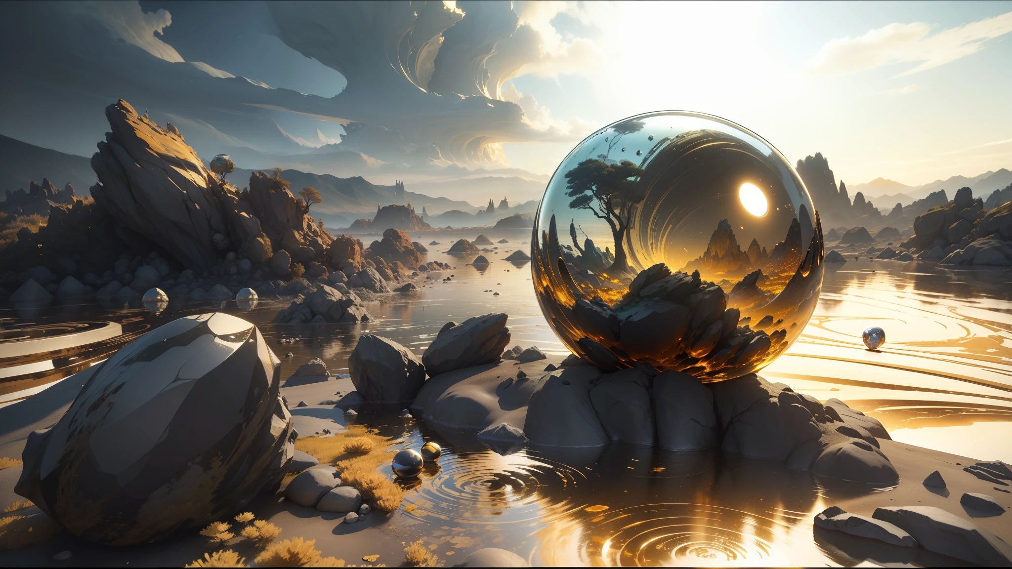there is a glass ball that is sitting on a rock, mandelbulb 3d, liquid golden and black fluid, cinematic cgsociety, aura, anamorphic widescreen, from a 2 0 1 9 sci fi 8 k movie, wlop and andrei riabovitchev, precious metals, by Stanley Twardowicz, golden dawn, atoms --auto --s2