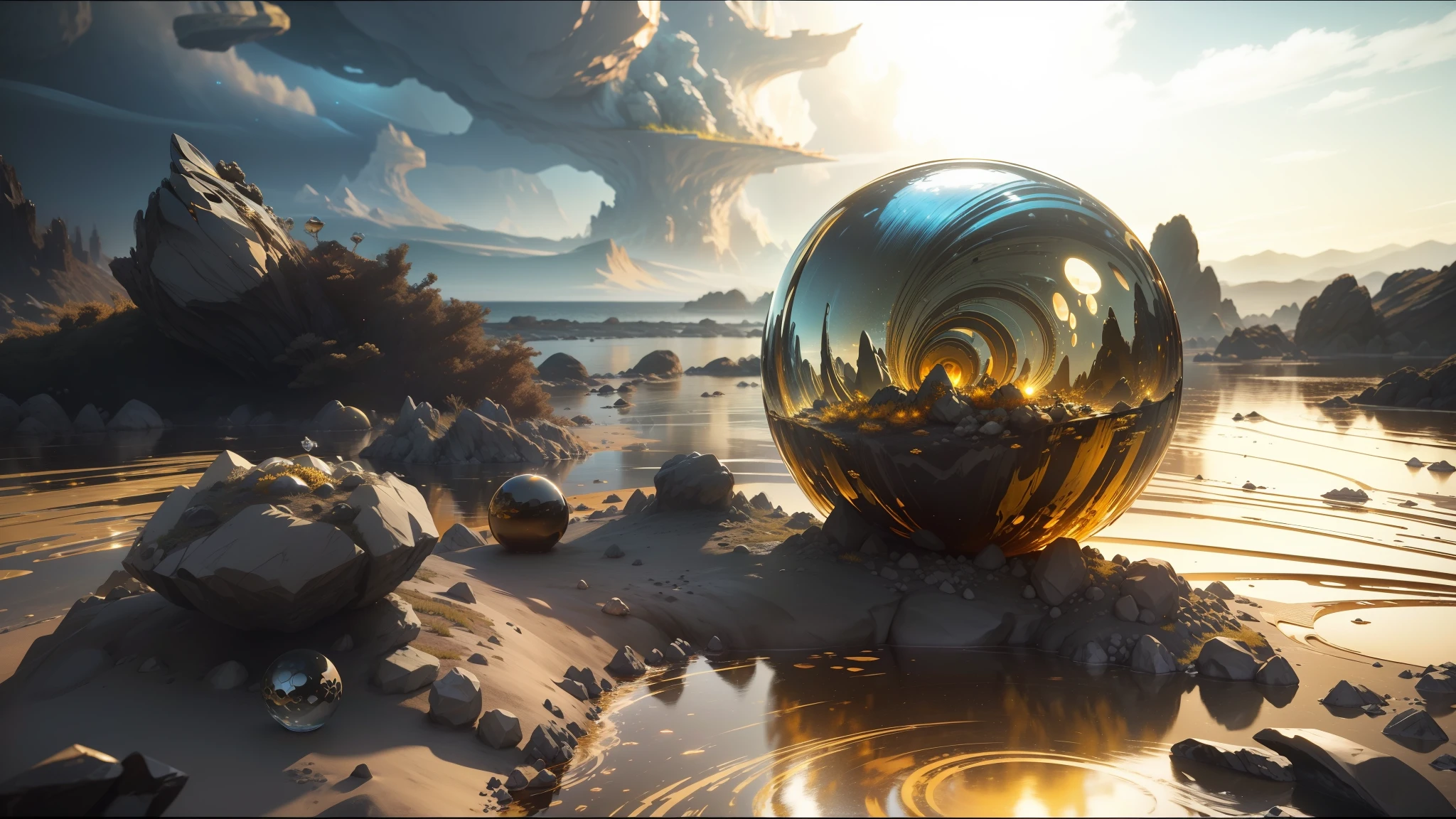 there is a glass ball that is sitting on a rock, mandelbulb 3d, liquid golden and black fluid, cinematic cgsociety, aura, anamorphic widescreen, from a 2 0 1 9 sci fi 8 k movie, wlop and andrei riabovitchev, precious metals, by Stanley Twardowicz, golden dawn, atoms --auto --s2