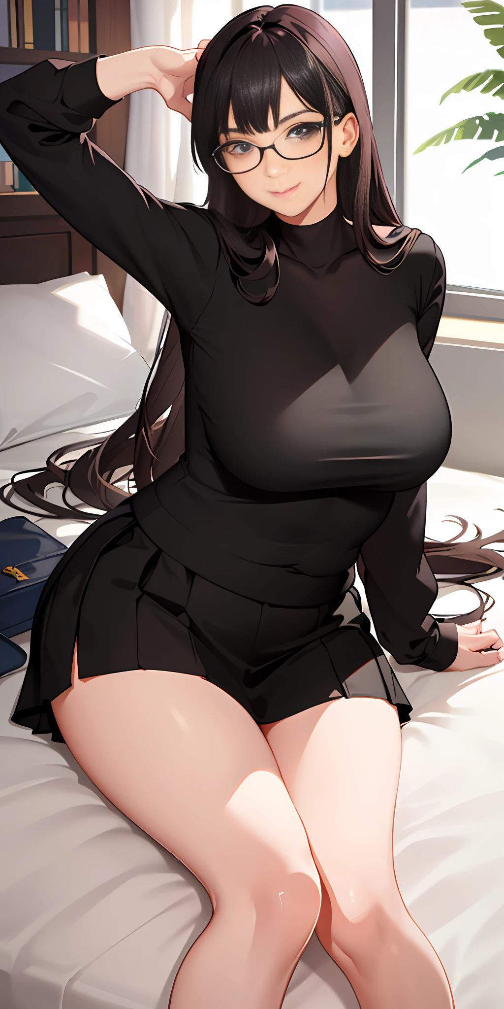 Elegant and sophisticated teacher wearing glasses, playfully wearing short skirt, black stockings and yoga clothes, exposing her plump breasts and in a seductive pose on the bed