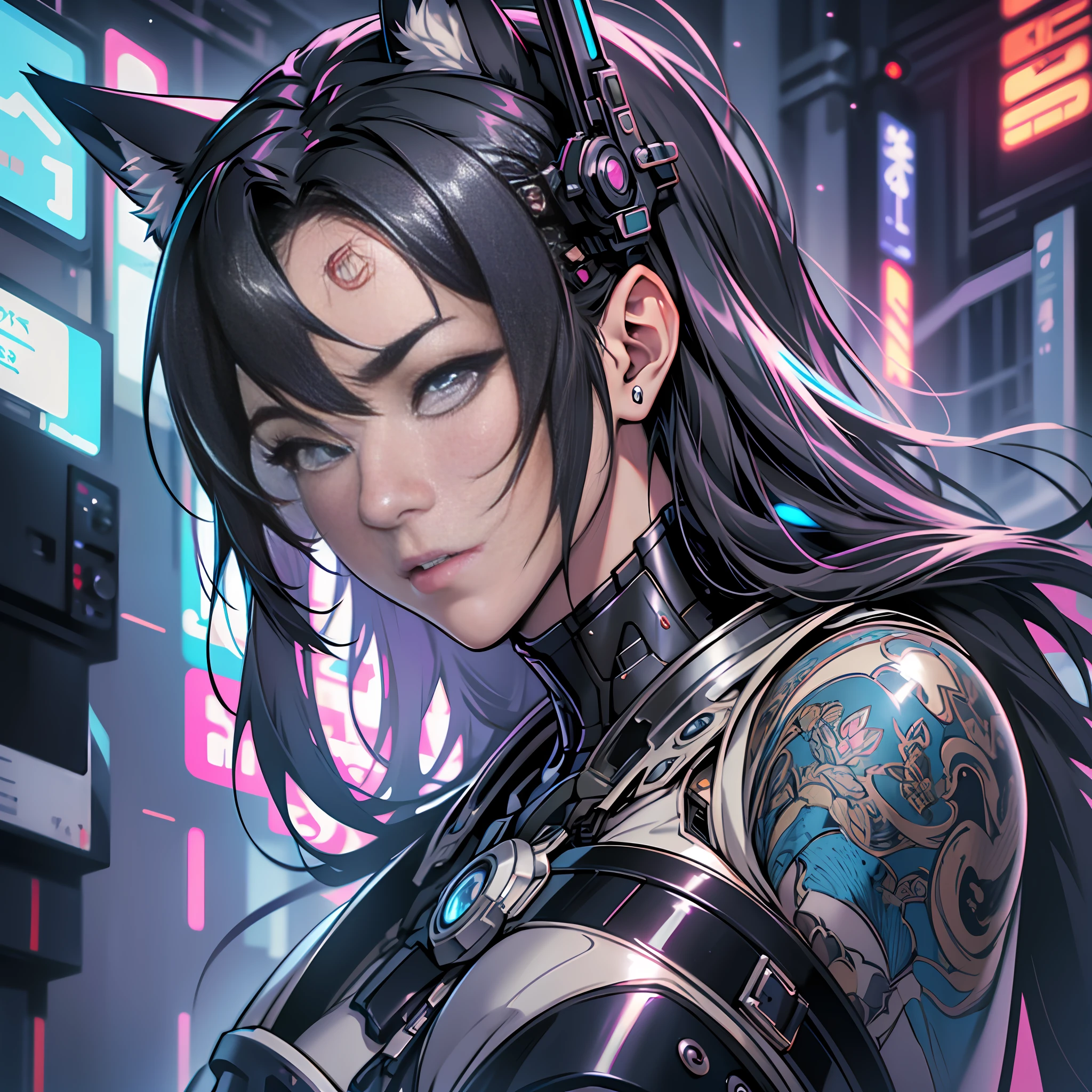 a beautiful photograph of an asian cyberpunk Nekomata catgirl, asian eyes, cat ears, perfect female anatomy, beautiful and elegant, black organic shaped lacework ceramic cyberpunk armor, painted by Sakimichan, H.R. Giger, Luis Royo, Alphonse Mucha, artgerm + hyper details + concept futuristic style + cinematic lights + photo bashing + epic cinematic + octane render + extremely high detail + legendary aesthetic + realism + hyper details + depth of field + cinematic lighting + sharp focus + denoise + octane render + arnold render + vfx + post processing + 8k --auto --s2