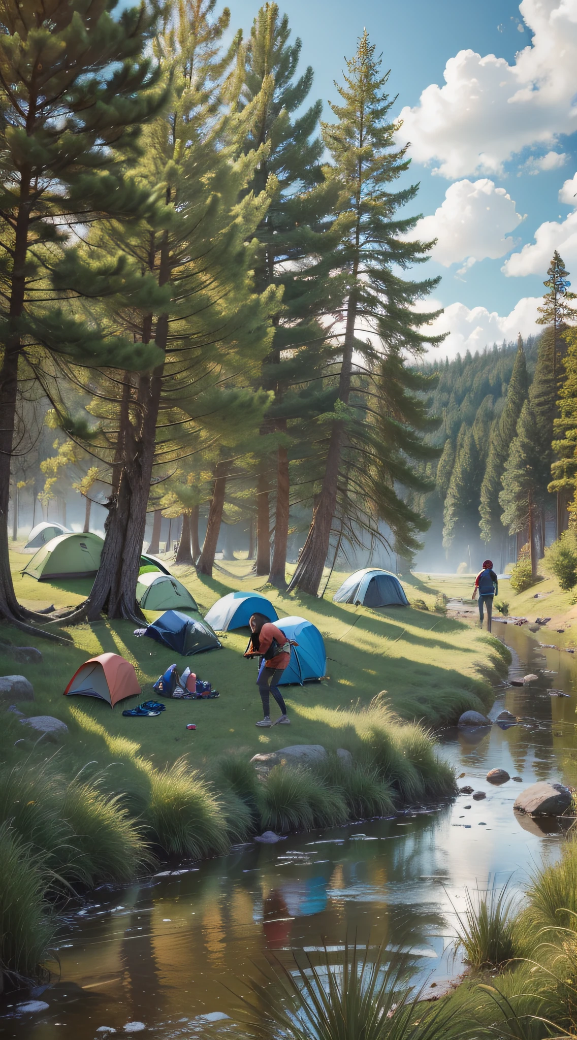 A group of young people playing in the wilderness, camping, comic book wind, river meadows