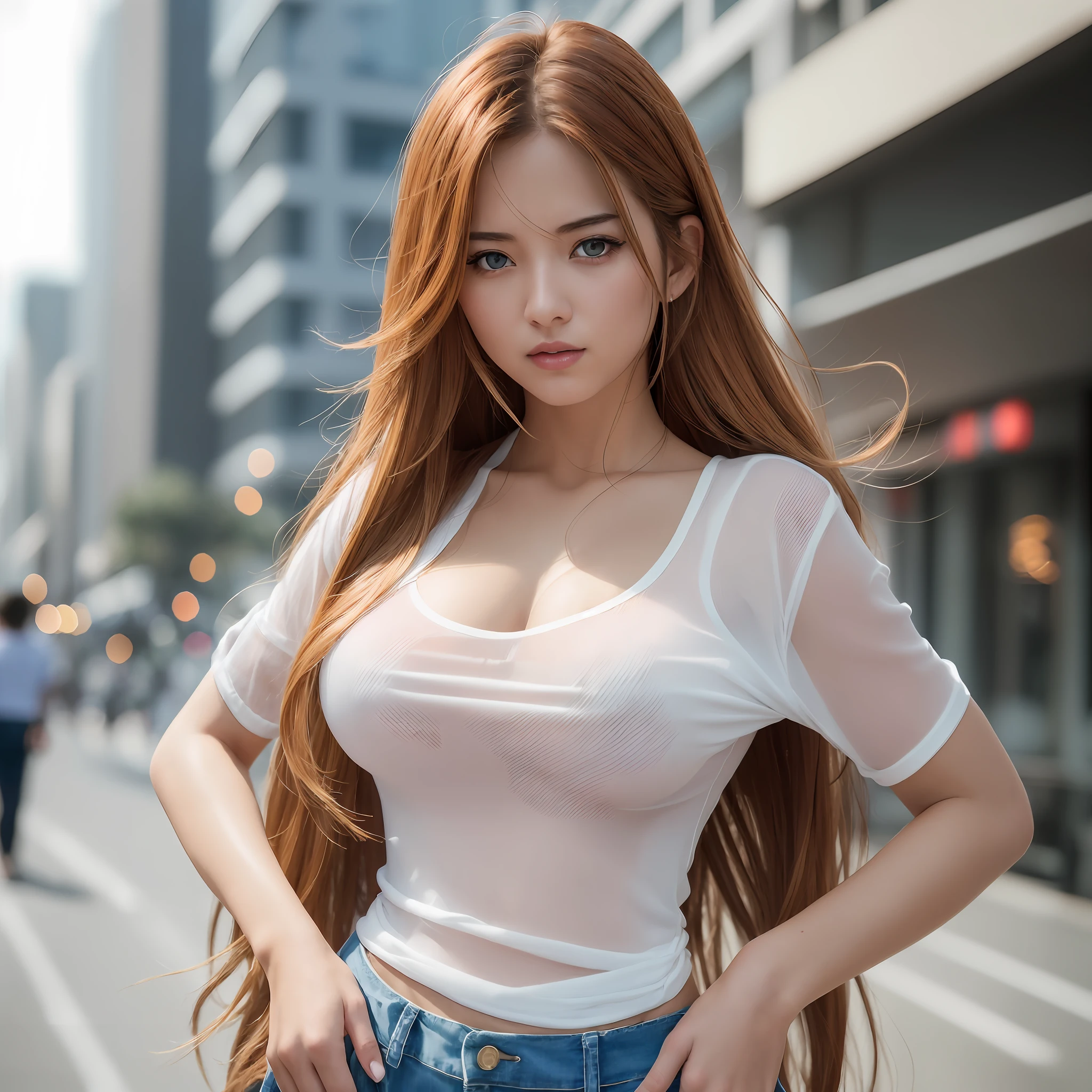 female son goku, (masterpiece:1.4), (8k, photorealistic, RAW photo, best quality: 1.4), japanese, (1girl), beautiful face, (realistic face:1.4), (caramel hair, long hair:1.3), beautiful hairstyle, realistic blue eyes, beautiful detailed eyes, (realistic skin:1.3), beautiful skin, attractive, ultra high res, ultra realistic, highly detailed, golden ratio, (detailed face:1.4), looking at viewer, white shirt, medium breasts, standing, hand on hip, transparent shirt, (braless:1.4), perky_nipples, short jeans, shorts, city street, cute smiling, red lips, --auto --s2