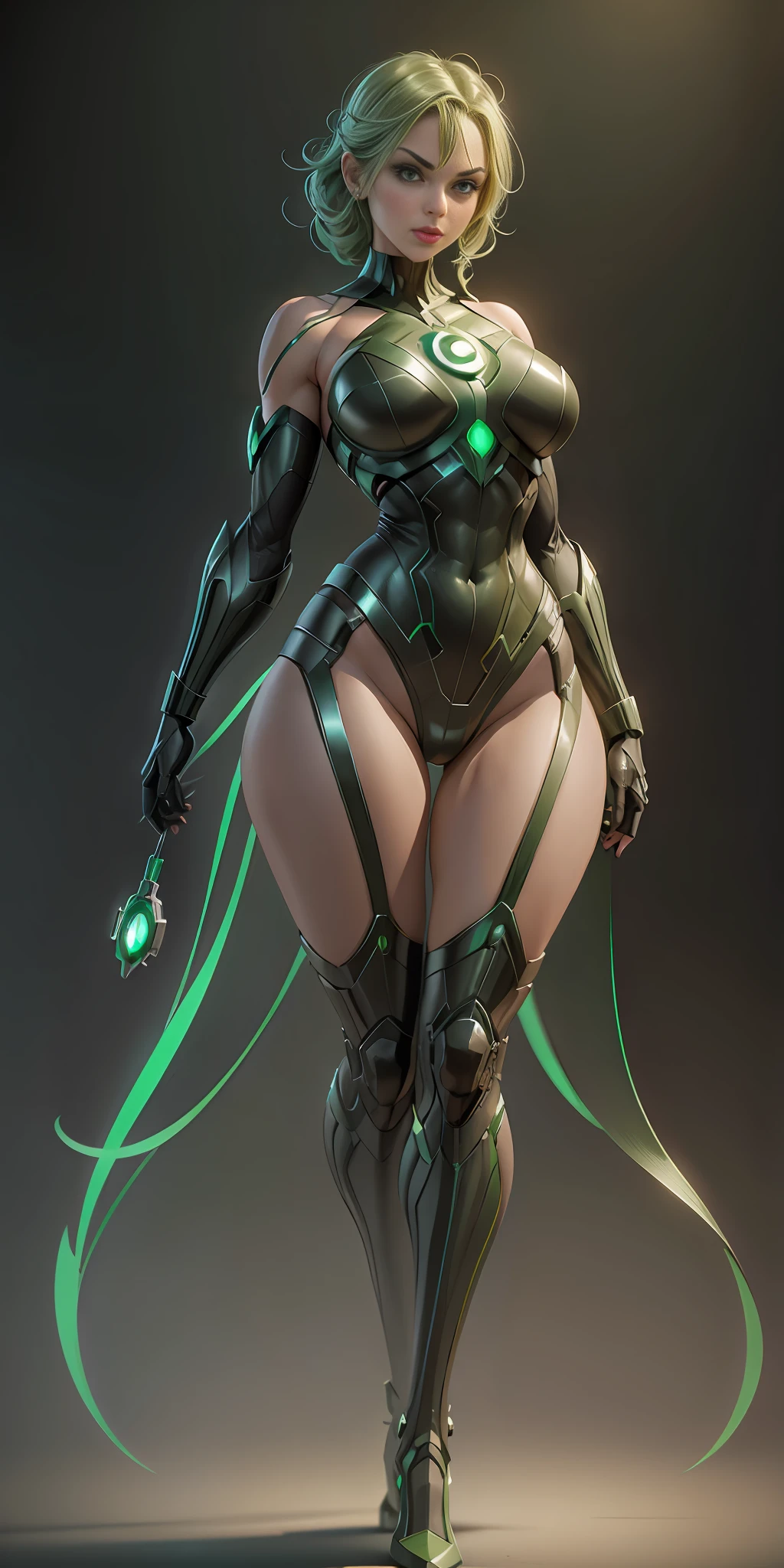 Girl Green Lantern from DC, big breasts, frontal, full-length, looking at the camera, facing the audience, standing pose, simple background, three-dimensional light, detailed full-body concept, sleek digital concept art, beautiful full-body concept art, art trend, CGsociety full-length,
