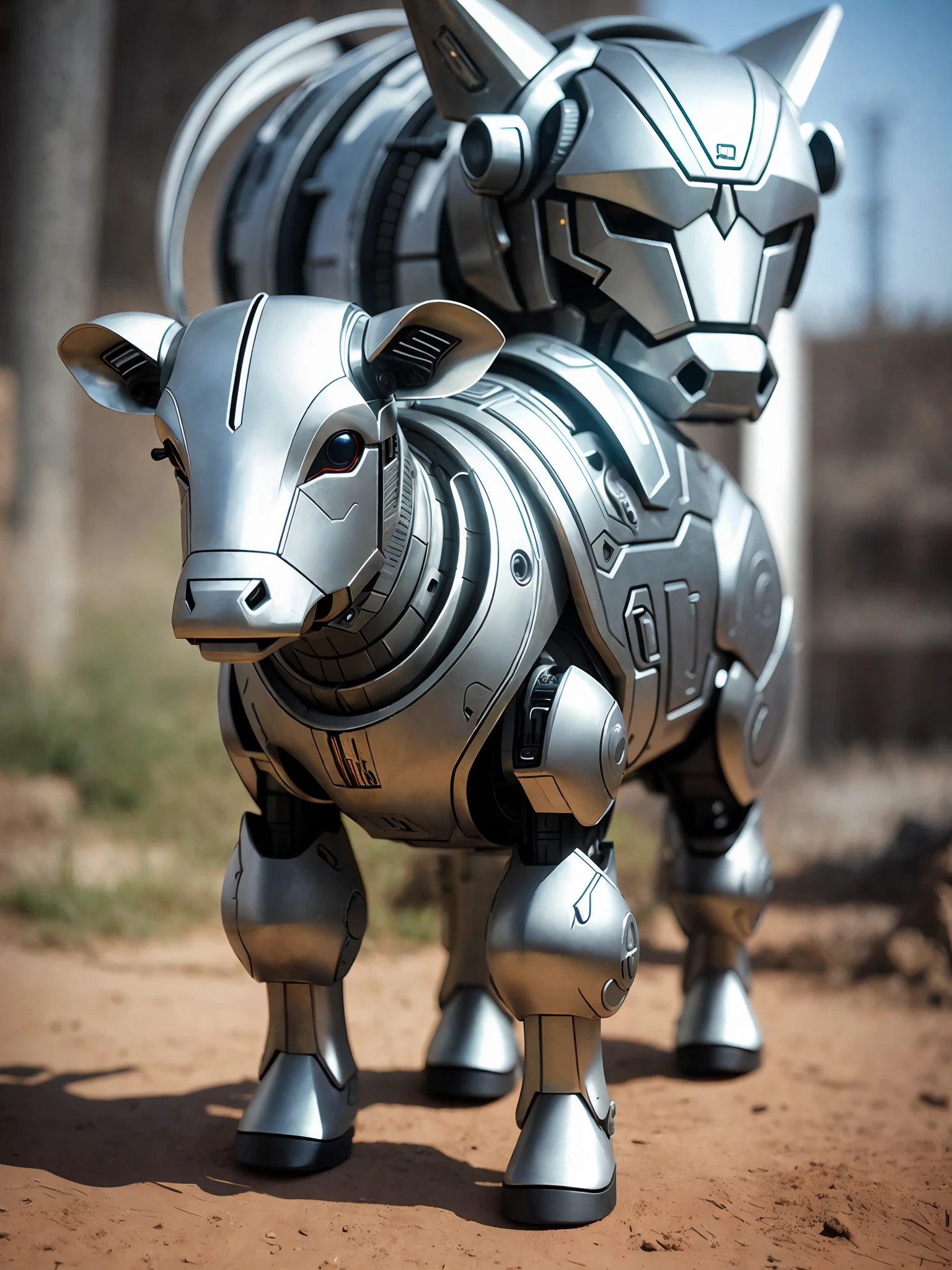 A cute calf in metal armor, (cyborg: 1.1), ([tail | detailed wire]:1.3), (complex detail), hdr, (hyperdetailed: 1.2), cinematic shot, vignette, centered