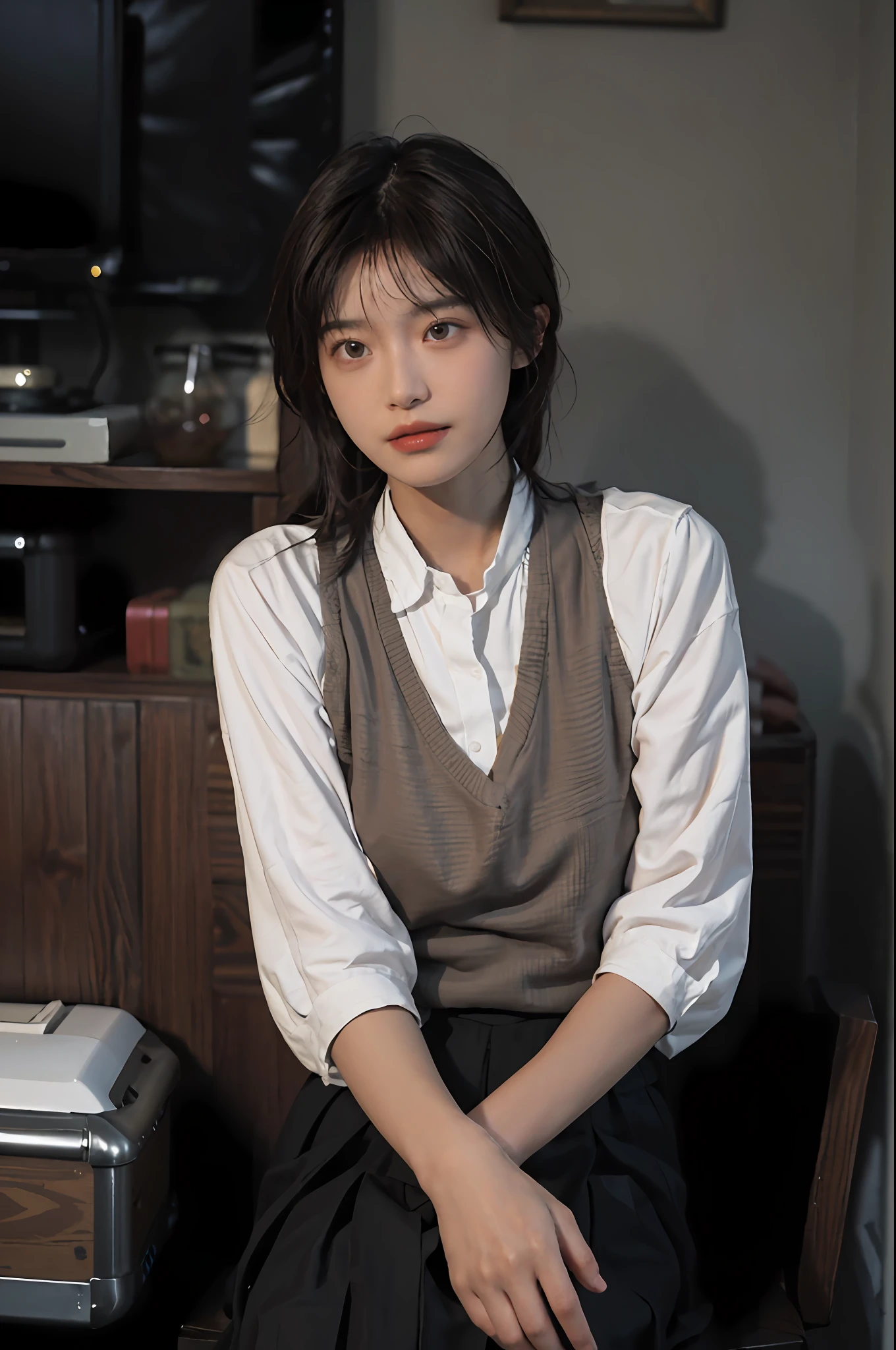 8K, Best Quality, Masterpiece, Ultra High Resolution, (Realism: 1.4), Original Photo, (Realistic Skin Texture: 1.3), (Film Grain: 1.3), 1 Girl, Beautiful Eyes and Face Details, Masterpiece, Best Quality, Close-up, Full Body, Photo, Short Brown Hair, Black Vest with Gray Pleated Skirt.
