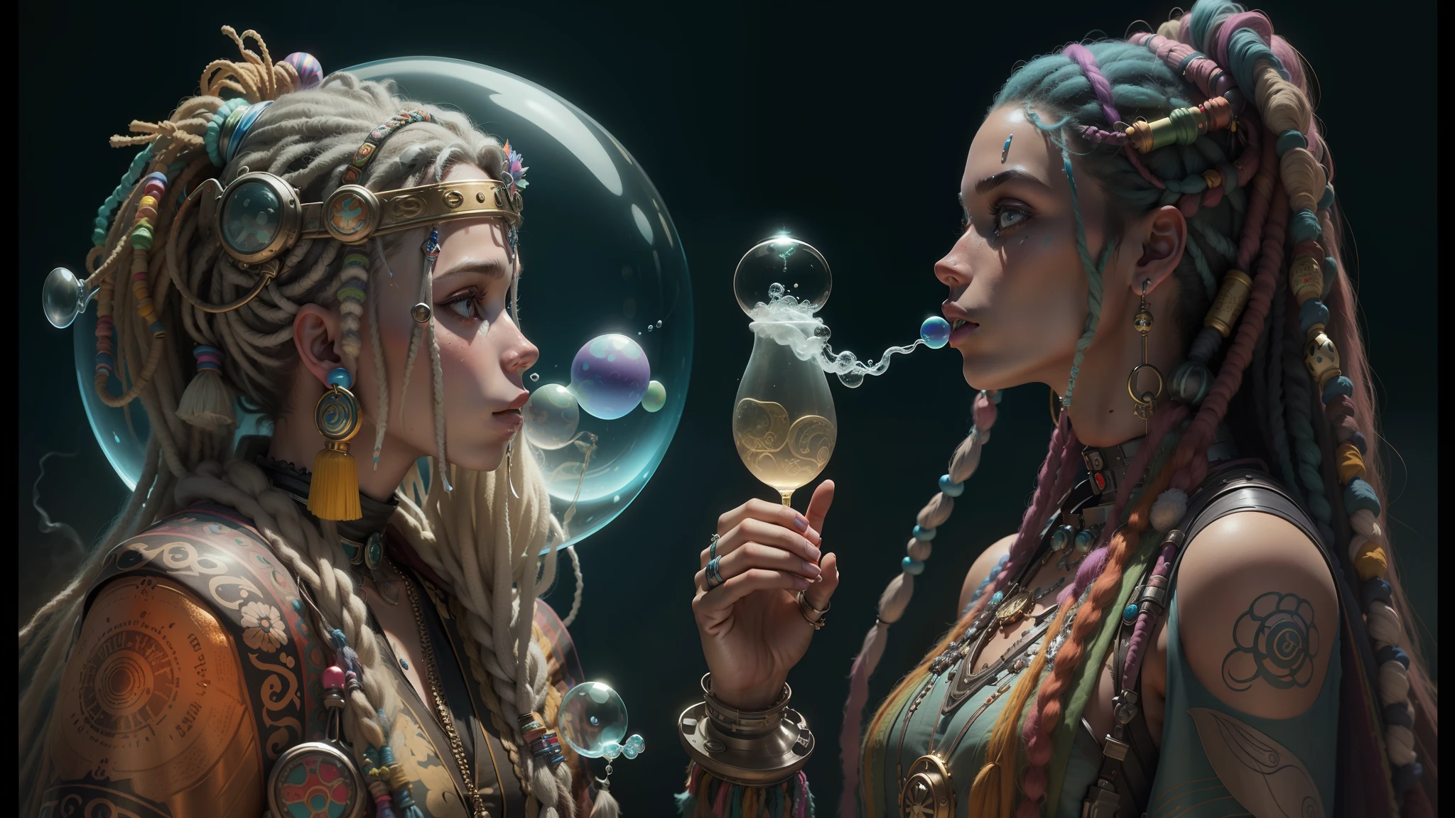 there are two women with dreadlocks blowing bubbles in a dark room, darius zawadzki and tom bagshaw, a teen biopunk cyborg, psychedelic colorization, smoking vessels, 3 d render of a shaman, oxygen mask, beautiful gemini twins, blowing bubblegum, hippie fashion --auto --s2