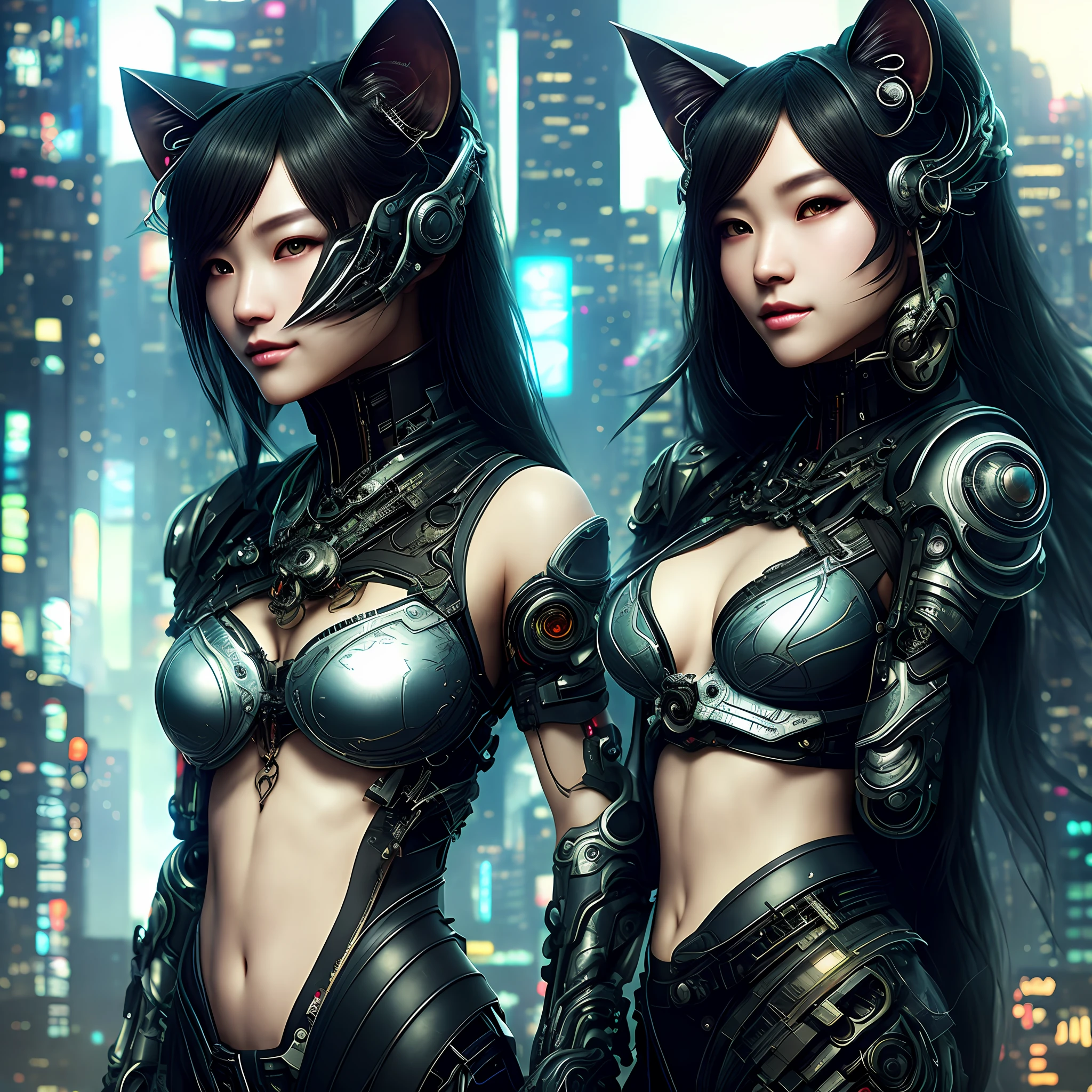 a beautiful cell shaded illustration of an asian cyberpunk Nekomata catgirl, asian eyes, cat ears, perfect female anatomy, beautiful and elegant, black organic shaped lacework ceramic cyberpunk armor, painted by Sakimichan, H.R. Giger, Luis Royo, Alphonse Mucha, artgerm + hyper details + concept futuristic style + cinematic lights + photo bashing + epic cinematic + octane render + extremely high detail + legendary aesthetic + realism + hyper details + depth of field + cinematic lighting + sharp focus + denoise + octane render + arnold render + vfx + post processing + 8k