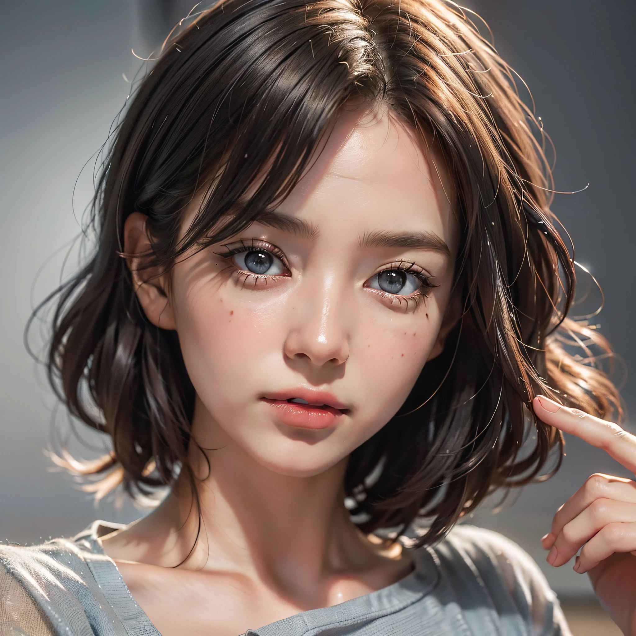 Dressed, (Photoreal: 1.4), (Hyperrealistic: 1.4), (Realistic: 1.3), (Smooth Lighting: 1.05), (Improved Cinematic Lighting: 0.9), 32K, 1 Girl, 20 Year Old Girl, Realistic Lighting, Backlit, Face Lights, Ray Tracking, (Bright Light: 1.2), (Quality Improvement: 1.4), ( Top quality realistic textured skin: 1.4), Fine Detailed Eyes, Detailed Face, Fine Quality Eyes, (Tired, Sleepy and Satisfied: 0.0), Face Close-Up, T-Shirt, (Enhance Body Line Vibe: 1.1), (Enhance Skin Texture Beauty: 1.1), Pretty Short Bob Cut