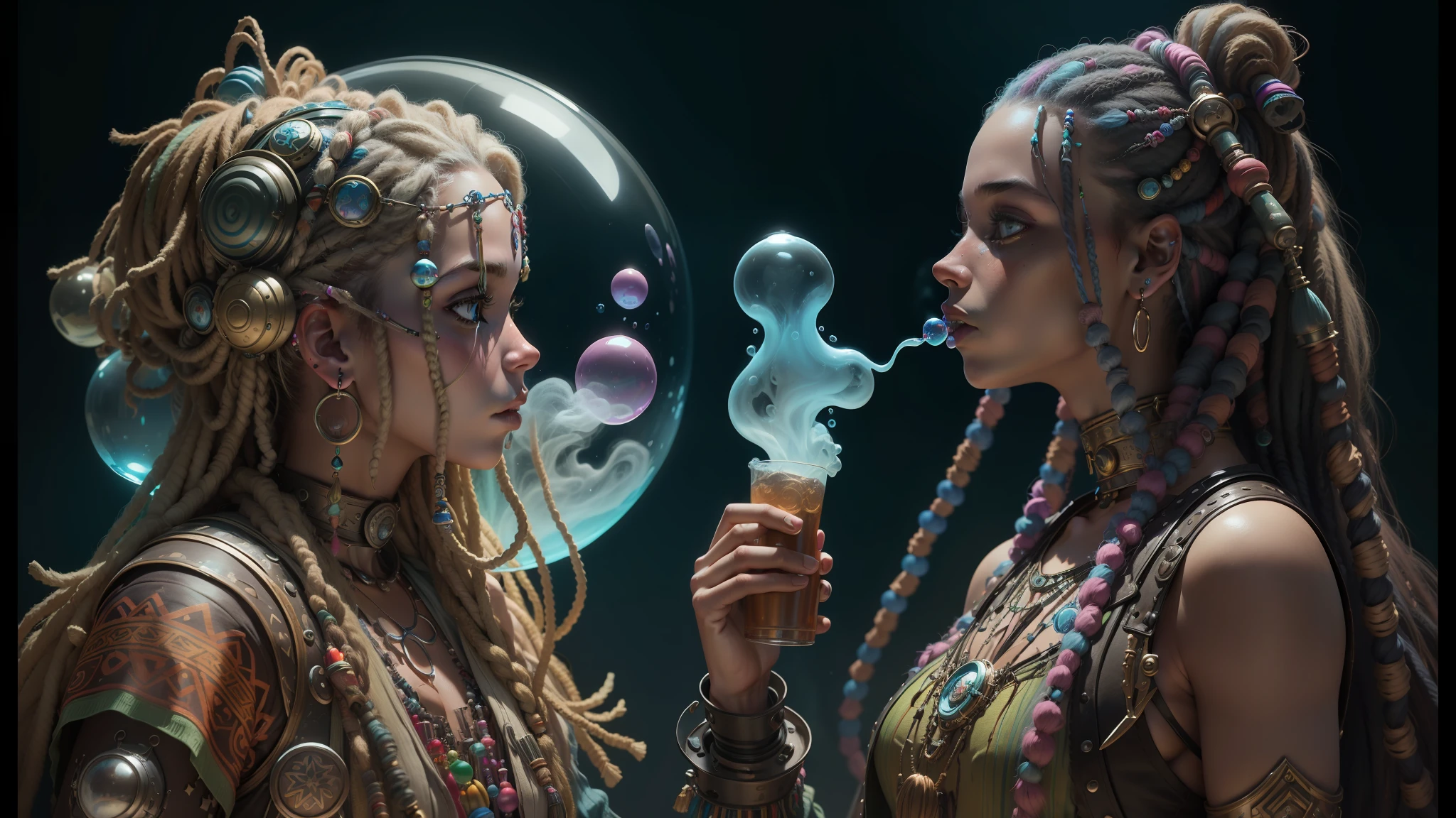 there are two women with dreadlocks blowing bubbles in a dark room, darius zawadzki and tom bagshaw, a biopunk cyborg, psychedelic colorization, smoking vessels, 3 d render of a shaman, oxygen mask, beautiful gemini twins, blowing bubblegum, hippie fashion --auto --s2