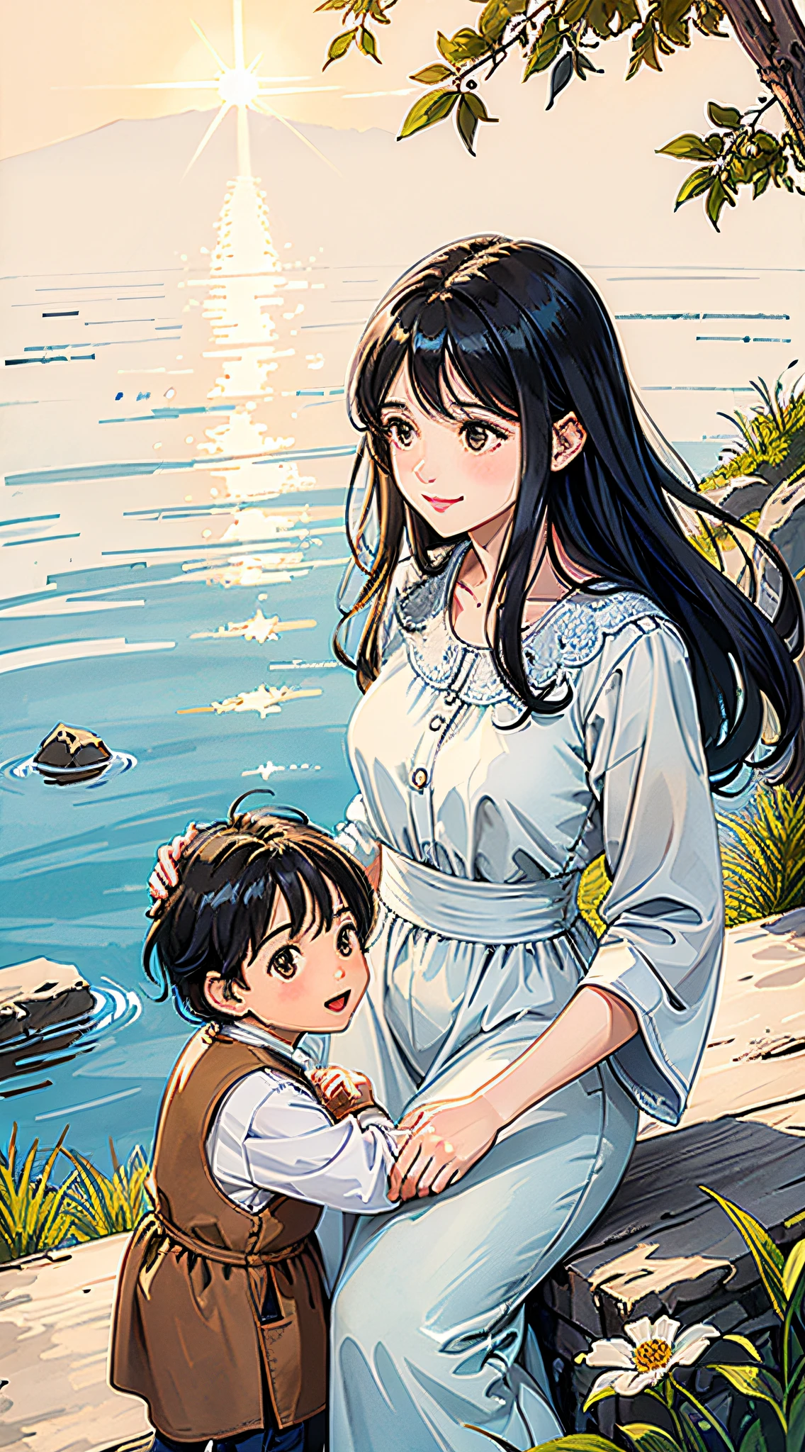 Middle-aged woman, child playing by the lake, hair pulling, sun, meadow, woman next to child, smiling, looking at her child, beautiful and delicate eyes, shiny hair, visible through hair, black hair, brown eyes, women, family wear, sun reflected light, silver metal, brilliance, Soviet style, diffuse reflection, metallic texture, sea of stars, high-profile, imposing