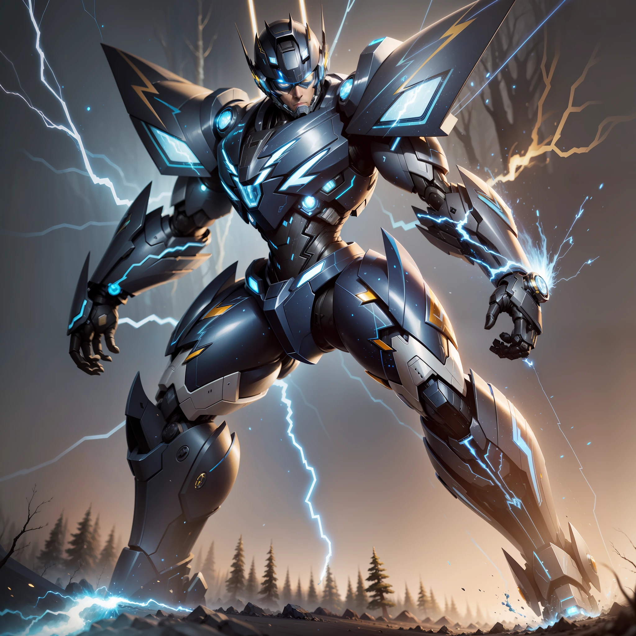 (Blue and black lightning particles emanating around the mecha man), background is dark forest, clear HD, 8K resolution, very detailed, digital painting, concept art, Shinkai Makoto style, pop popularization trend, pop, pop trend, pop trend on pixiv.