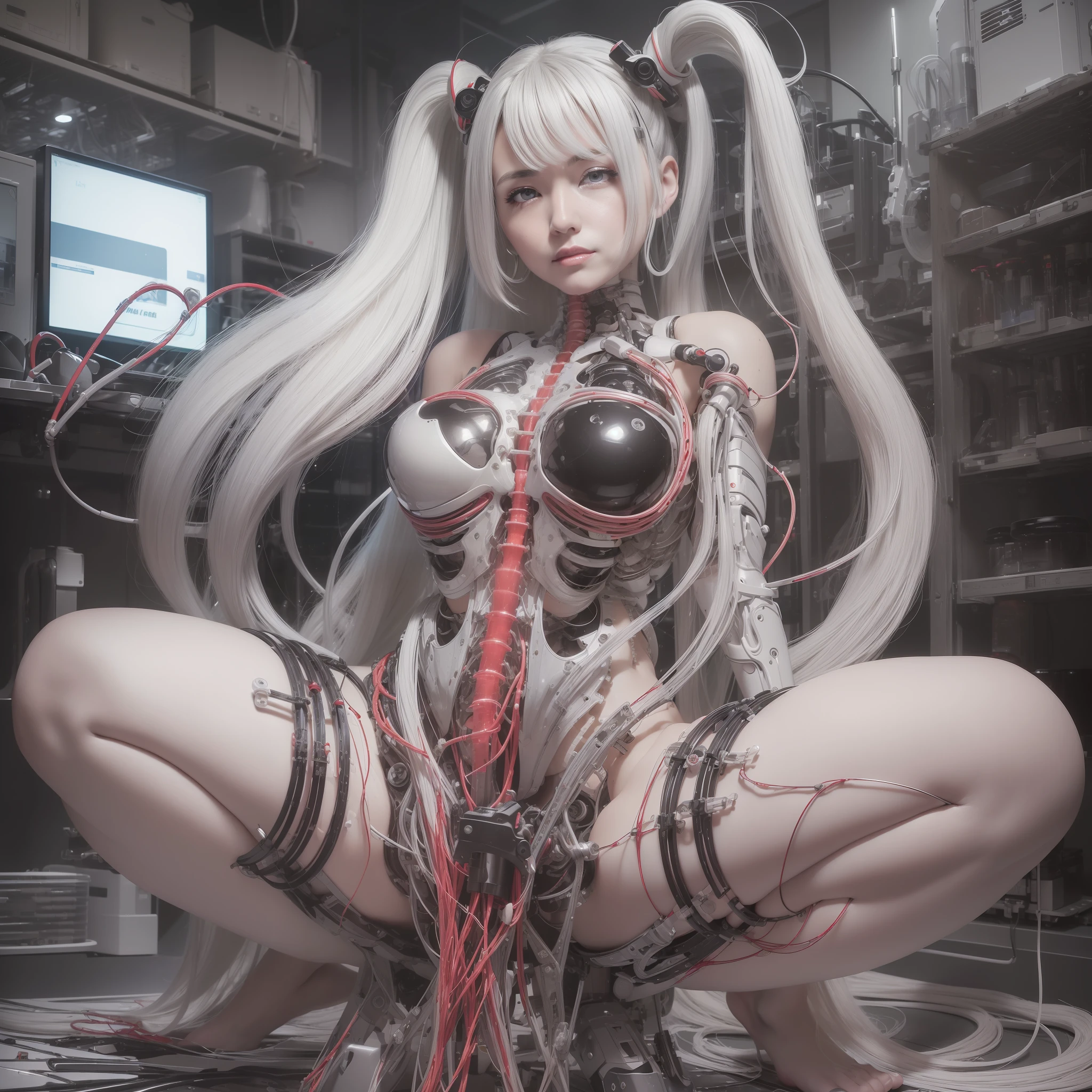 Beautiful Face,face is Japan, 1 Woman, Big, Curvaceous, Top Quality, Masterpiece, Ultra Detailed, (Blood vessel attached to tube)(Bikini Cyborg Robot Parts)))), (Light Grey Hair), Long Hair, Wavy Hair, Twin Tails, Medium Shot, (((Seductive Smile)), (Black Eyes), Princess Cut, (Cowboy Shot),Squatting, Spread your legs, in the lab, ( Blood vessels connected to tubes), (( Mechanical vertebrae attached to the back)),((Mechanical neck attached to the neck)),(Wires and cables attached to the head and body: 1.5),(Character focus),Science fiction,