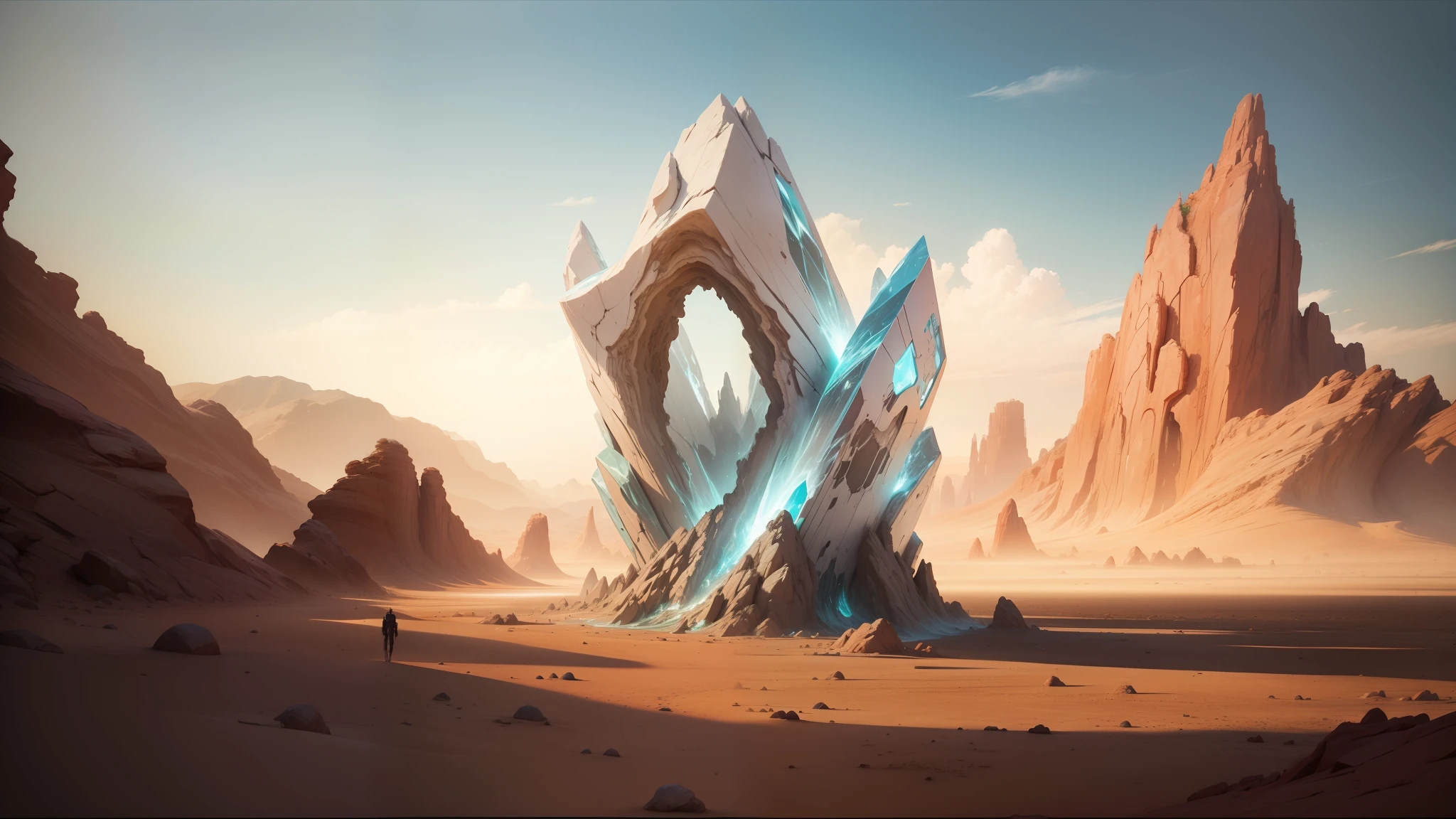 there is a large rock formation in the middle of a desert, ash thorp, liquid, anton fedeev, melting glass, alex gray, inspired by Edward Ben Avram, from a 2 0 1 9 sci fi 8 k movie, neri oxman, diamond trees, crystal palace, neal asher sci - fi, cloaked, topology, water torrent background --auto --s2