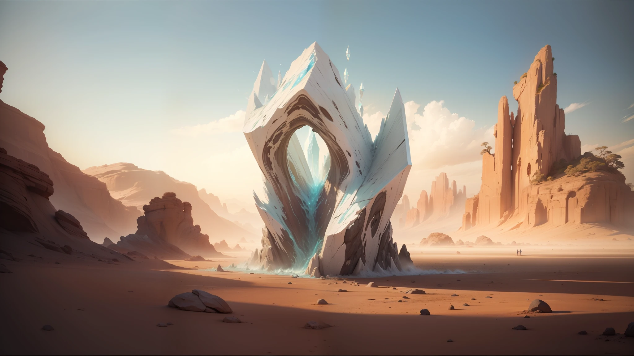 there is a large rock formation in the middle of a desert, ash thorp, liquid, anton fedeev, melting glass, alex gray, inspired by Edward Ben Avram, from a 2 0 1 9 sci fi 8 k movie, neri oxman, diamond trees, crystal palace, neal asher sci - fi, cloaked, topology, water torrent background --auto --s2