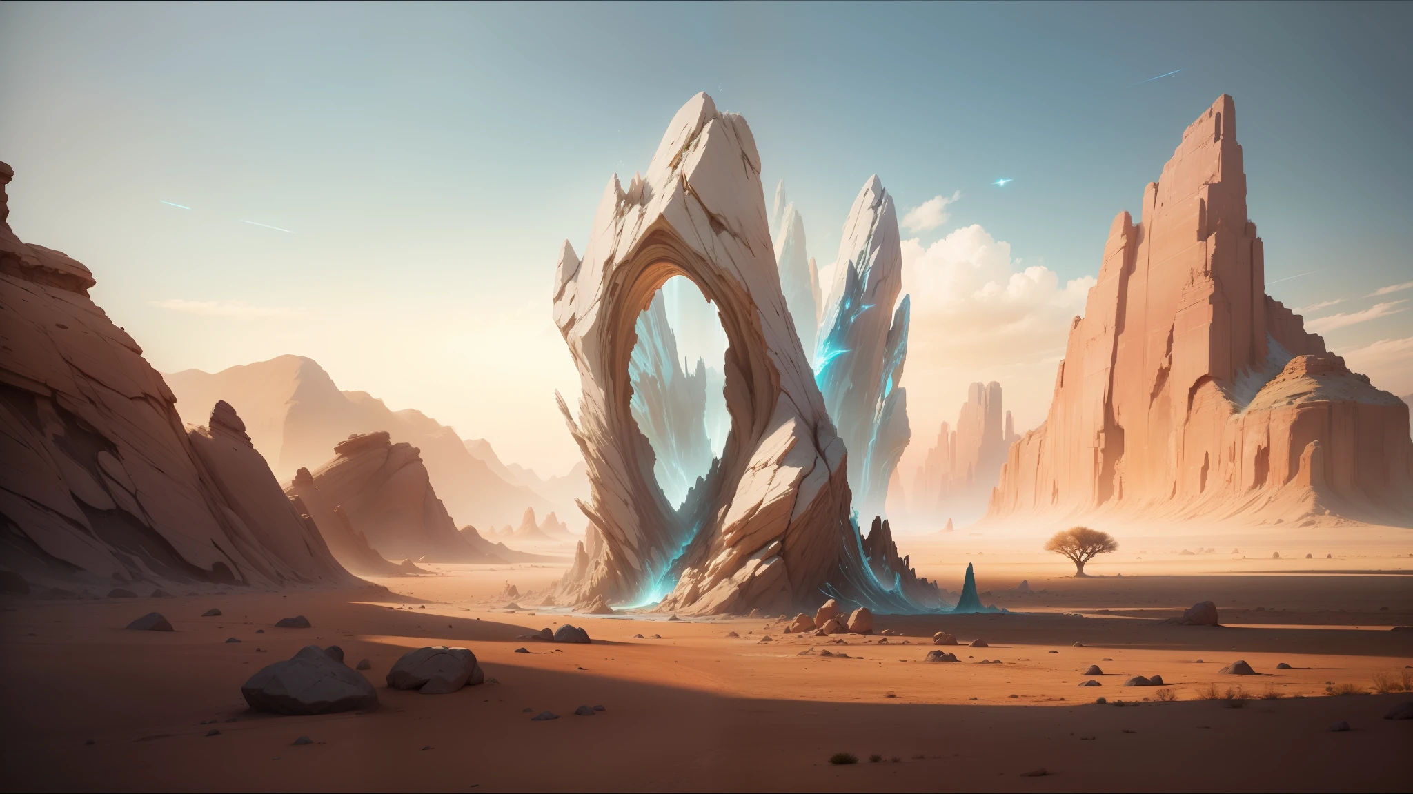 there is a large rock formation in the middle of a desert, ash thorp, liquid, anton fedeev, melting glass, alex gray, inspired by Edward Ben Avram, from a 2 0 1 9 sci fi 8 k movie, neri oxman, diamond trees, crystal palace, neal asher sci - fi, cloaked, topology, water torrent background --auto --s2