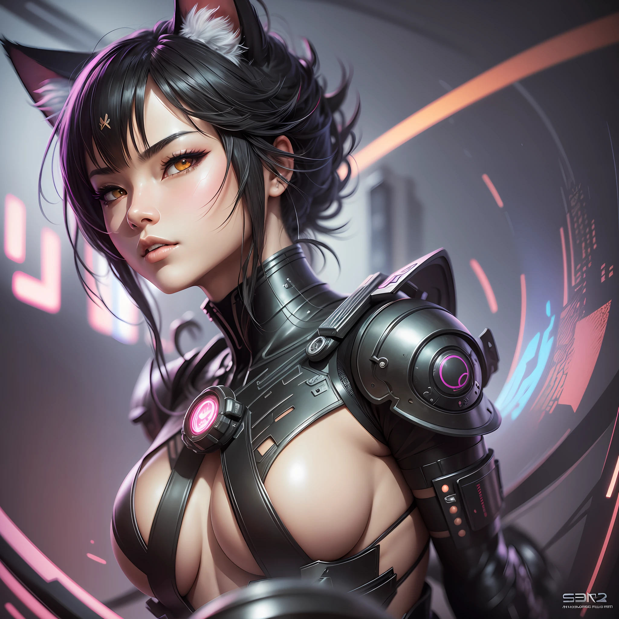 a beautiful cell shaded illustration of an asian cyberpunk Nekomata catgirl, asian eyes, cat ears, perfect female anatomy, beautiful and elegant, black organic shaped lacework ceramic cyberpunk armor, painted by Sakimichan, H.R. Giger, Luis Royo, Alphonse Mucha, artgerm + hyper details + concept futuristic style + cinematic lights + photo bashing + epic cinematic + octane render + extremely high detail + legendary aesthetic + realism + hyper details + depth of field + cinematic lighting + sharp focus + denoise + octane render + arnold render + vfx + post processing + 8k --auto --s2