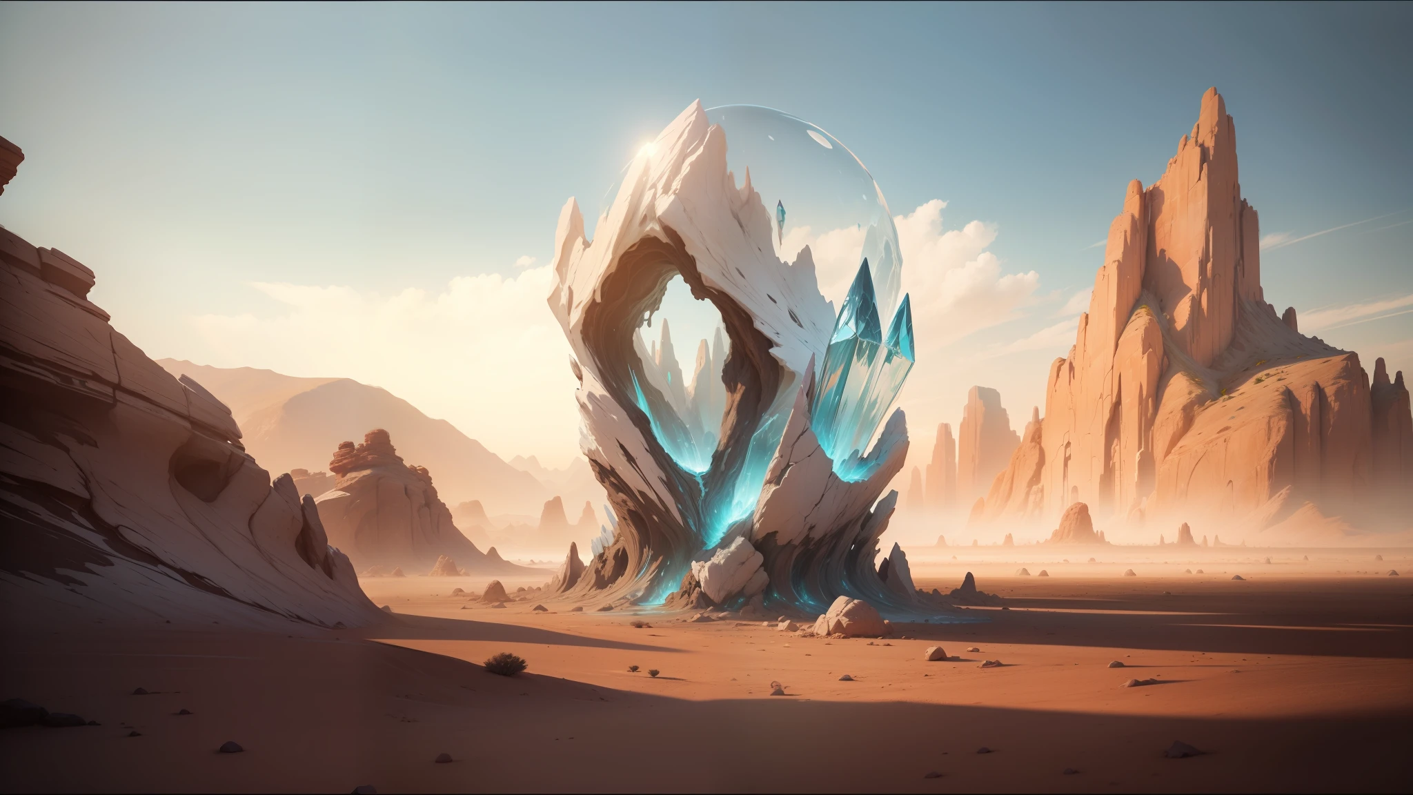 there is a large rock formation in the middle of a desert, ash thorp, liquid, anton fedeev, melting glass, alex gray, inspired by Edward Ben Avram, from a 2 0 1 9 sci fi 8 k movie, neri oxman, diamond trees, crystal palace, neal asher sci - fi, cloaked, topology, water torrent background --auto --s2