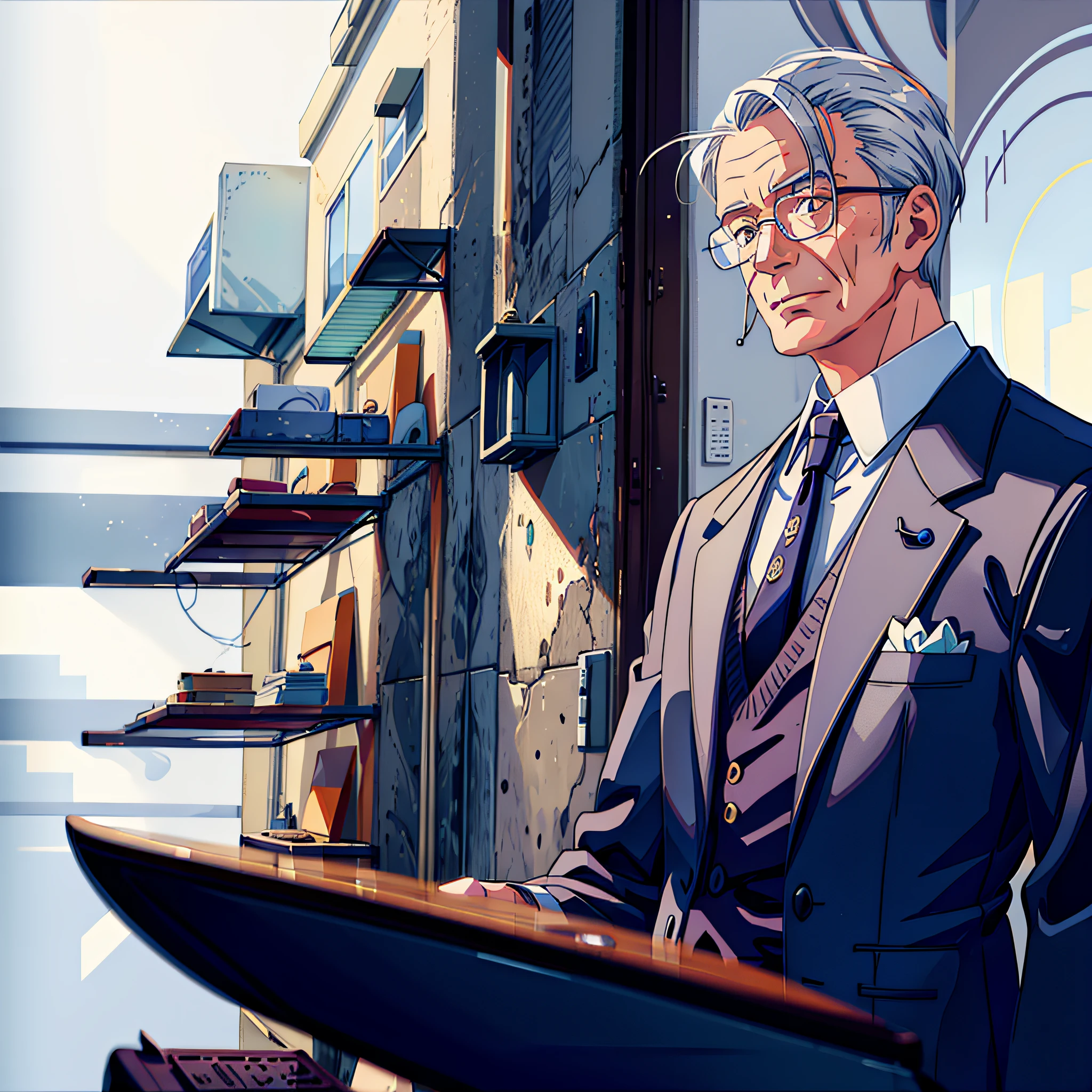 Older man wearing glasses, wrinkles, white hair, suit tie, serious expression, floor to ceiling window background