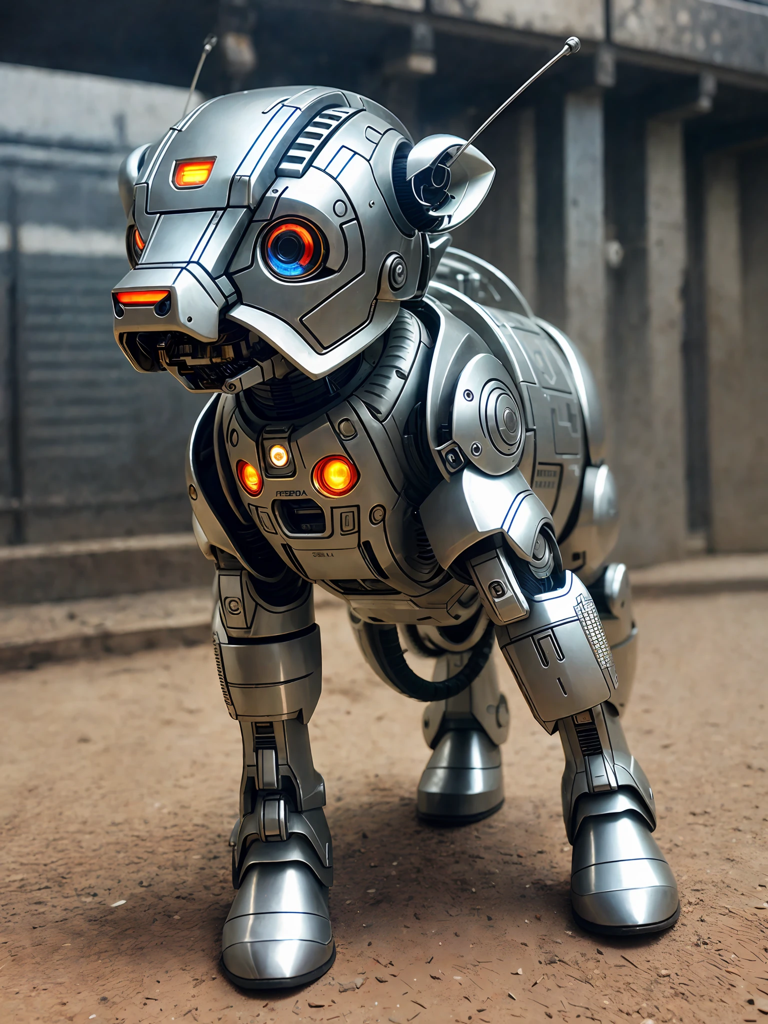 A cute calf in metal armor, (cyborg: 1.1), ([tail | detailed wire]:1.3), (complex detail), hdr, (hyperdetailed: 1.2), cinematic shot, vignette, centered