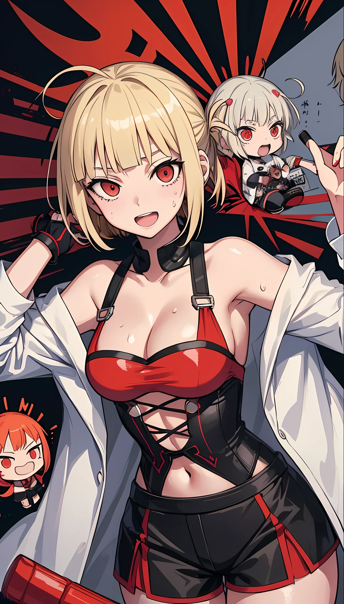 (Masterpiece), (Best Quality), (Ultra Detail), beach, swimsuit, wet, sweat, medium_breasts,shorts Bikini,Face,(Beautiful Fine Hair)(Beautiful Thin Hair))),(Beautiful Fine Hair))),Yes, detailed description of Himiko Toga, separated by commas here: Himiko Toga is a Japan popular anime and manga series " A fictional character from My Hero Academia, also known as My Hero Academia. She is also referred to as "My Ai Himiko" by some characters in the series. Himiko Toga is a girl with red eyes and silver hair, in the style of a messy bob cut. He often has a bright and innocent smile. She has powerful quirks, and this change includes not only her appearance, but also her voice and quirks. Himiko Toga is a member of the "League of Villains", a group of antagonists from the series. She often uses her personality to carry out the group's misdeeds, but she also has a caring and caring side, especially towards her fellow members, she is particularly close to and in love with Shigaraki Tomura, the leader of the League of Villains. Despite this, she is playful and has a somewhat childlike attitude, making her very attractive when she wants to be. Overall, Himiko Toga is a complex and multifaceted character who has become a fan favorite due to her unique appearance and powerful abilities. Goth fashion.