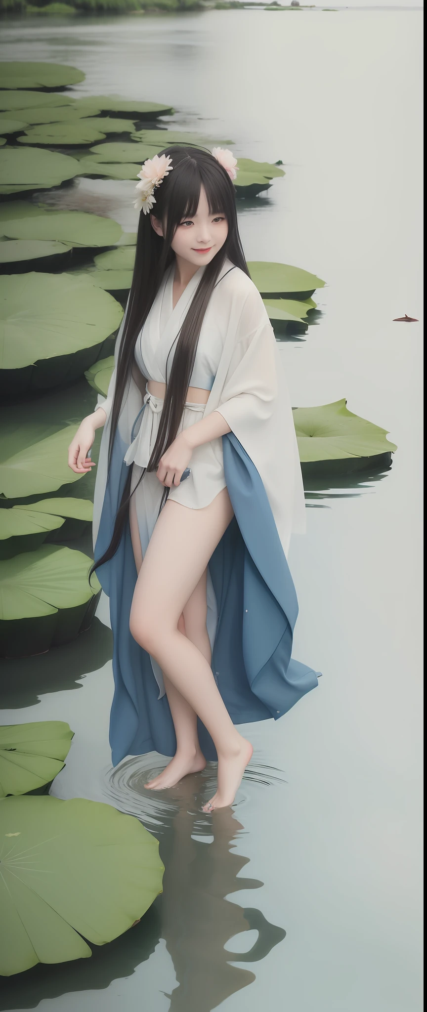((4k, masterpiece, top quality)), Shuimovi Sim, traditional Japan ink painting, lotus, han dress, maxi skirt, one girl to dress modestly, solo, long blue hair, smile, standing, feet in the water, barefoot, Amaterasu