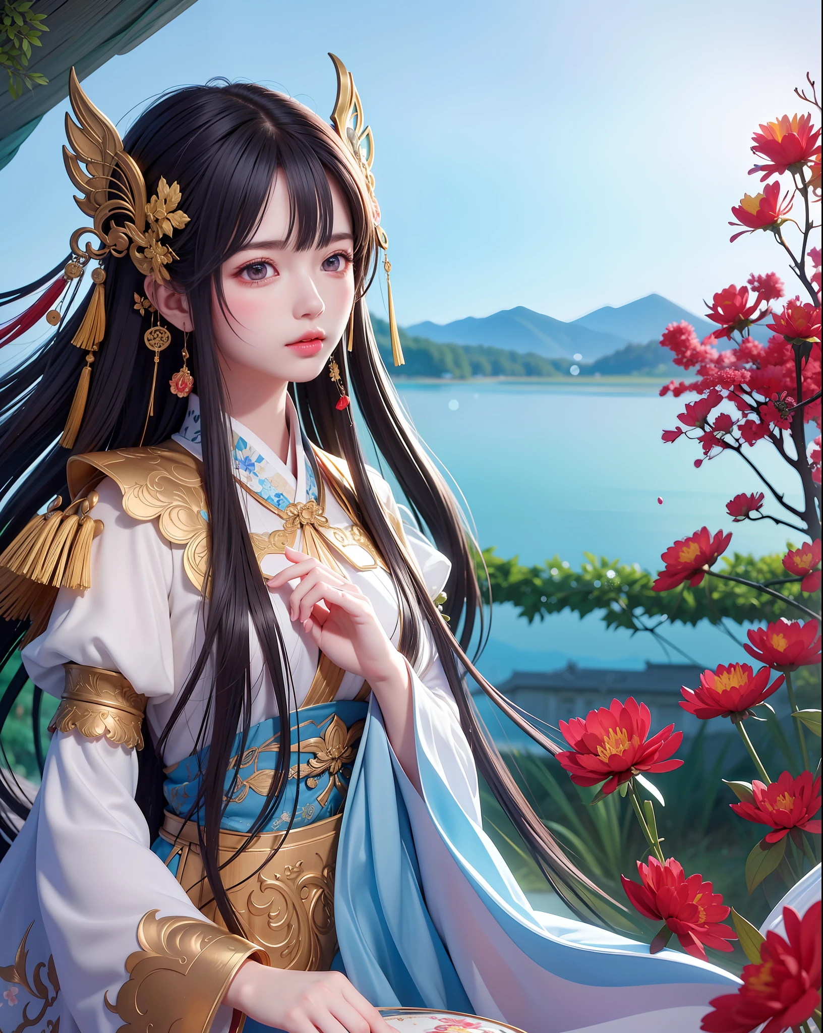 (8k, RAW photo:1.2),best quality, ultra high res,dramatic angle,(fluttered detailed color splashs), (illustration),(((1 girl))),(long hair),(rain:0.9),(hair ornament:1.4),there is an ancient palace beside the girl,chinese clothes,(focus on), color Ink wash painting,(color splashing),colorful splashing,(((colorful))),(sketch:0.8), Masterpiece,best quality, beautifully painted,highly detailed,(denoising:0.6),[splash ink],((ink refraction)), (beautiful detailed sky),moon,highly,detaild,(masterpiece, best quality, extremely detailed CG unity 8k wallpaper,masterpiece, best quality, ultra-detailed),(Lycoris radiata),