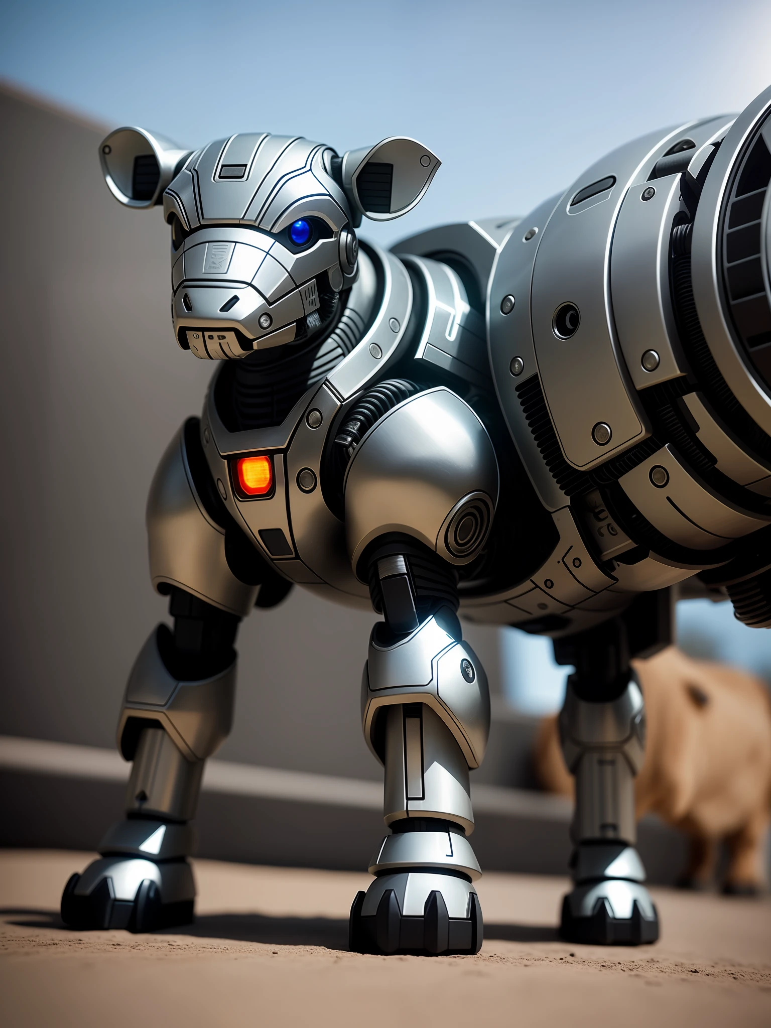 A cute calf in metal armor, (cyborg: 1.1), ([tail | detailed wire]:1.3), (complex detail), hdr, (hyperdetailed: 1.2), cinematic shot, vignette, centered