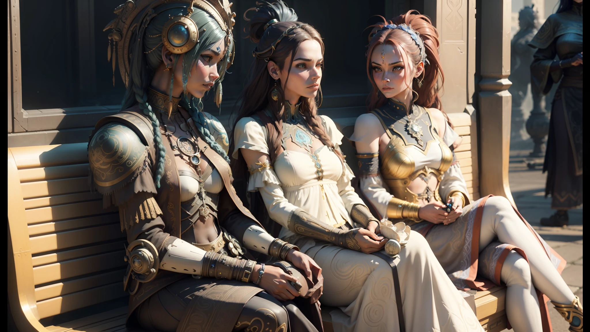 there are three statues of women sitting on a bench, inspired by Android Jones, # sci - fi, hdr human detailed, ornate cosplay, 3 d render of a shaman, imaginefx : : hyperrealism, neo - gypsy caravan, computer graphics, rendered in arnold engine, anthropomorphic _ humanoid, asuras --auto --s2