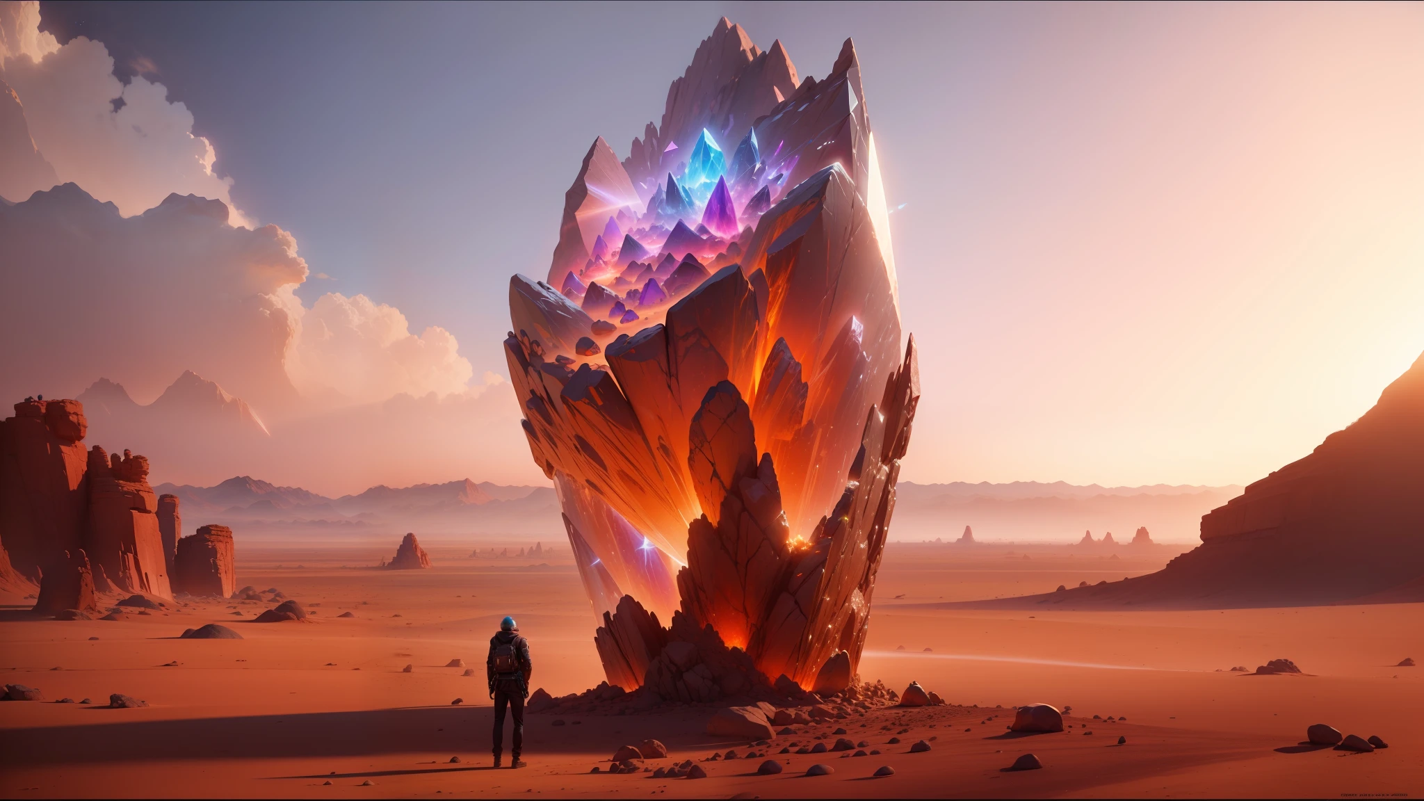 there is a large rock in the middle of a desert with a person standing next to it, full of glass. cgsociety, album art for a trance dj, crystals enlight the scene, ross tran 8 k, the - dark - crystal, by John Gibson, mana, forbidden - knowledge --auto --s2