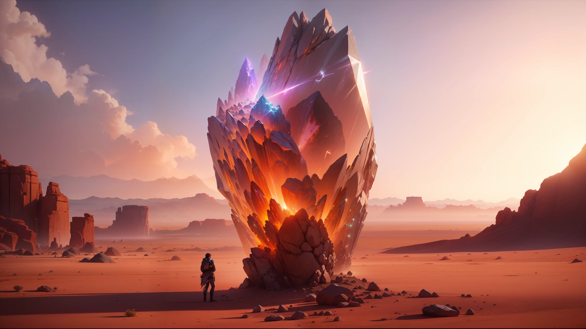 there is a large rock in the middle of a desert with a person standing next to it, full of glass. cgsociety, album art for a trance dj, crystals enlight the scene, ross tran 8 k, the - dark - crystal, by John Gibson, mana, forbidden - knowledge --auto --s2