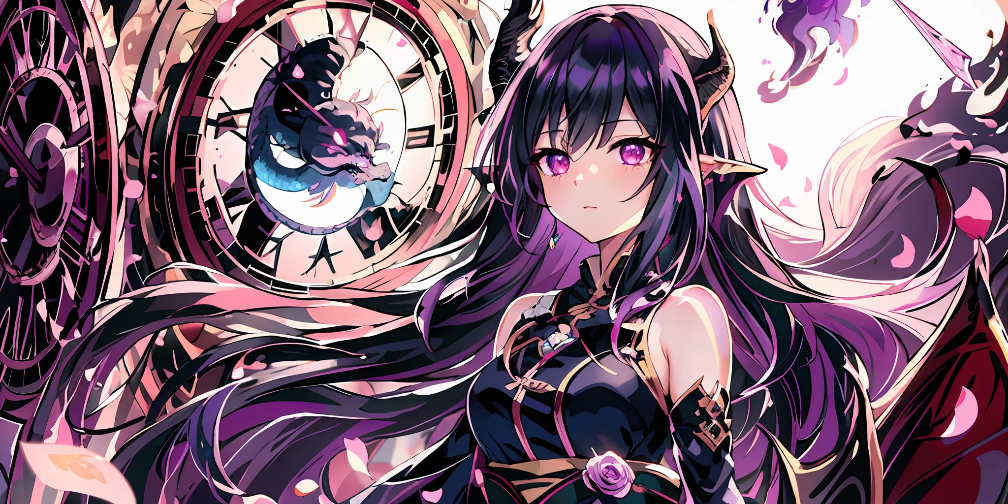 chibi,(extremely detailed CG unity 8k wallpaper),(masterpiece),(best quality),(ultra-detailed),(best illustration),(best shadow),(an extremely delicate and beautiful),dynamic angle,floating,finely detail,(bloom),(shine),glinting stars,classic,(painting),(sketch),a girl,(((dragon girl))),dragon horn,vertical pupil,solo,bare shoulders,medium_chest,diamond and glaring eyes,beautiful detailed joyful face,very long  black and purple hair,floating black feathers,wavy hair,long and high ponytail,extremely delicate and beautiful girls,beautiful detailed eyes,pink eyes,glowing eyes,sparkles,((petals)),dragon background,(((water))),glass fragments,white background