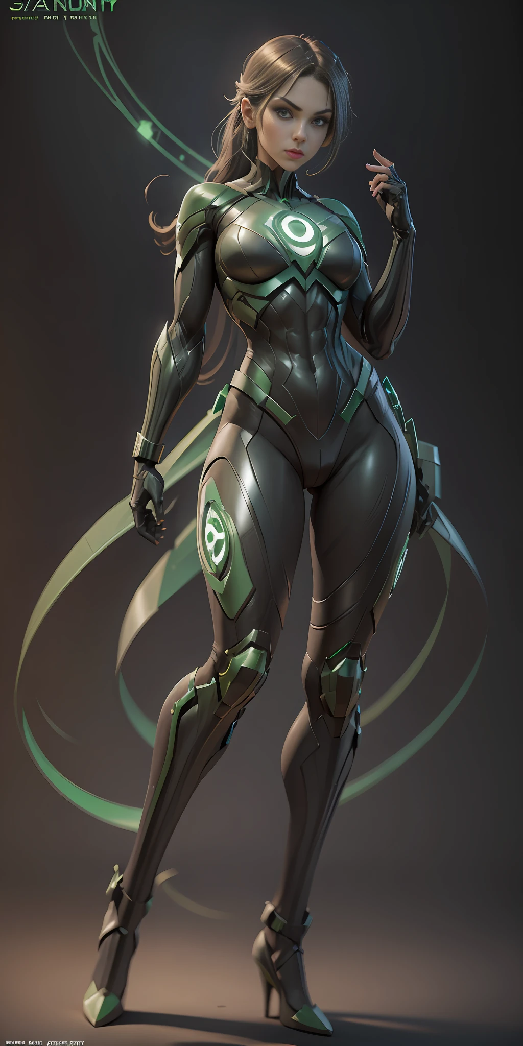 Girl Green Lantern from DC, frontal, full-length, looking at the camera, facing the audience, standing pose, simple background, three-dimensional light, detailed full-body concept, sleek digital concept art, beautiful full-body concept art, art trend, CGsociety full-length,