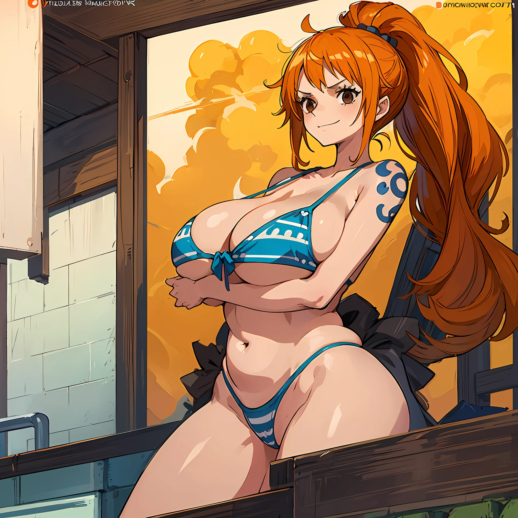 1girl,solo, (nami_8000:0.9), nami \(one piece\), nami, full body, ponytail, stripes, red and orange bikini, star dot and stripes, brown eyes, shoulder tattoo, from below, v, smile, narrow waist, inskny, ((cleavage)),(masterpiece:1.0), (best quality:1.0), (8k wallpaper:1.0), extremely delicate and beautiful, (beautiful detailed face:1.0), (detailed deep eyes), symmetrical breasts, deep eyes, (((huge breasts))), ((screencap)), third-party edit, (sweat), (shiny skin), (wide hips), ((one piece treasure cruise)), anime, (anime screencap), (steam), ((fog effect)), groin, (bikini), swimsuit, (underboob), sideboob, ((plump)), bathroom, hand on own hip, breasts apart,