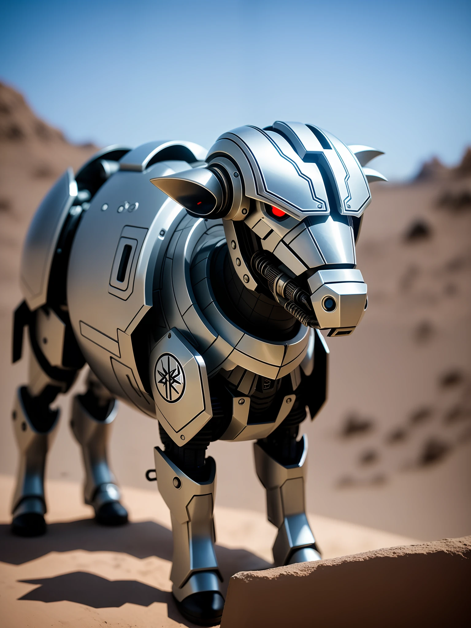 A cute calf in metal armor, (cyborg: 1.1), ([tail | detailed wire]:1.3), (complex detail), hdr, (hyperdetailed: 1.2), cinematic shot, vignette, centered