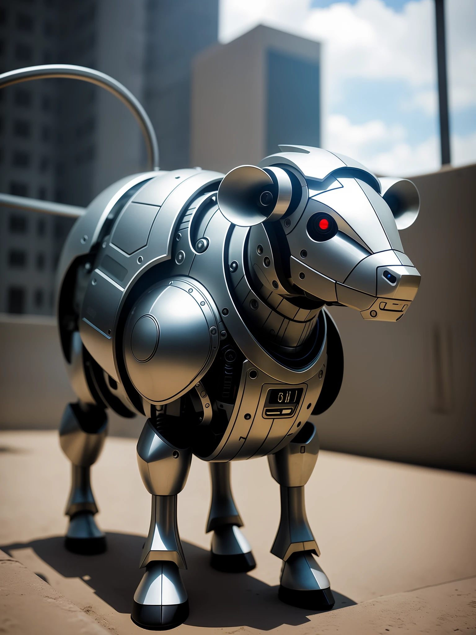 A cute calf in metal armor, (cyborg: 1.1), ([tail | detailed wire]:1.3), (complex detail), hdr, (hyperdetailed: 1.2), cinematic shot, vignette, centered
