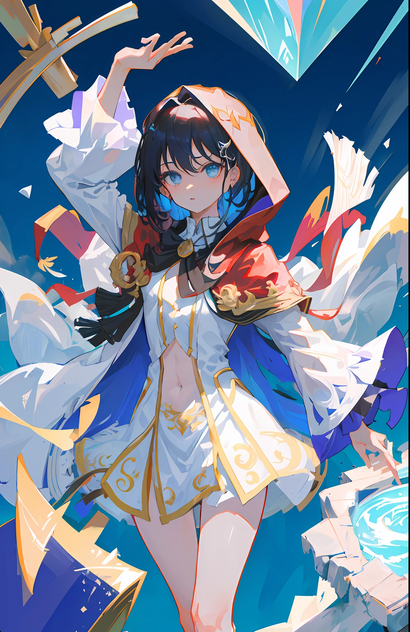 (With a proud stance and chiseled abs, the master wizard saunters forth, invitingly unbuttoning her cloak to reveal a toned chest with petite breasts.)