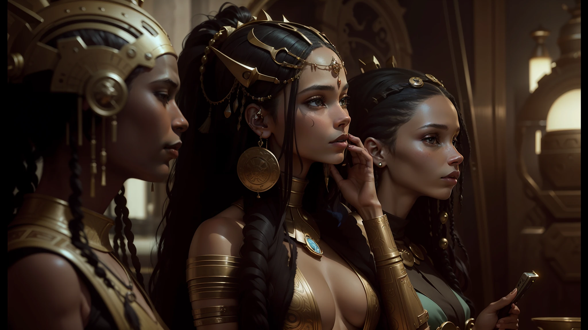 araffes in costume talking on a cell phone in a scene from the film the hunts, tom bagshaw ) ) ), zoe kravitz as an astronaut, wearing an elegant tribal outfit, still from a music video, crowns, bronze - skinned, mechanical style, 2049, movie screenshot, angels --auto --s2